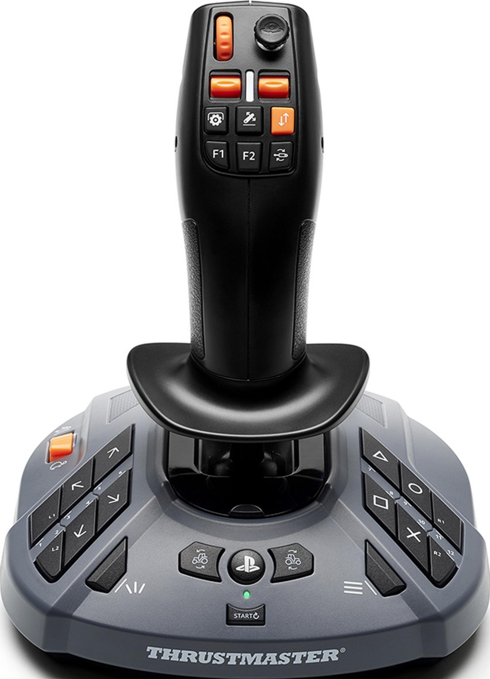 Een zwarte en grijze Thrustmaster flightstick met meerdere knoppen en een joystick.