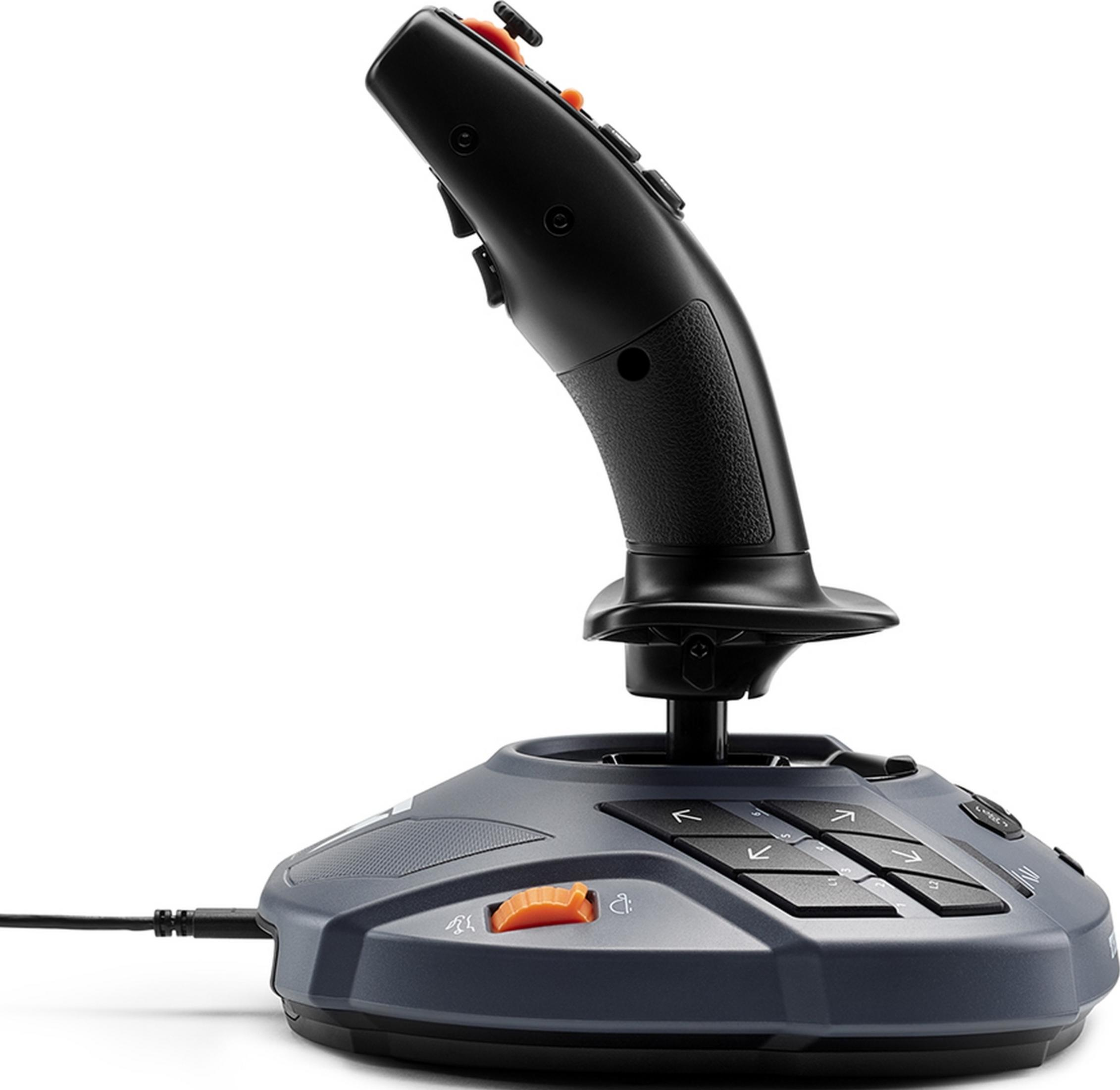 Een zwarte joystick met een grijze basis en oranje accenten op een witte achtergrond.