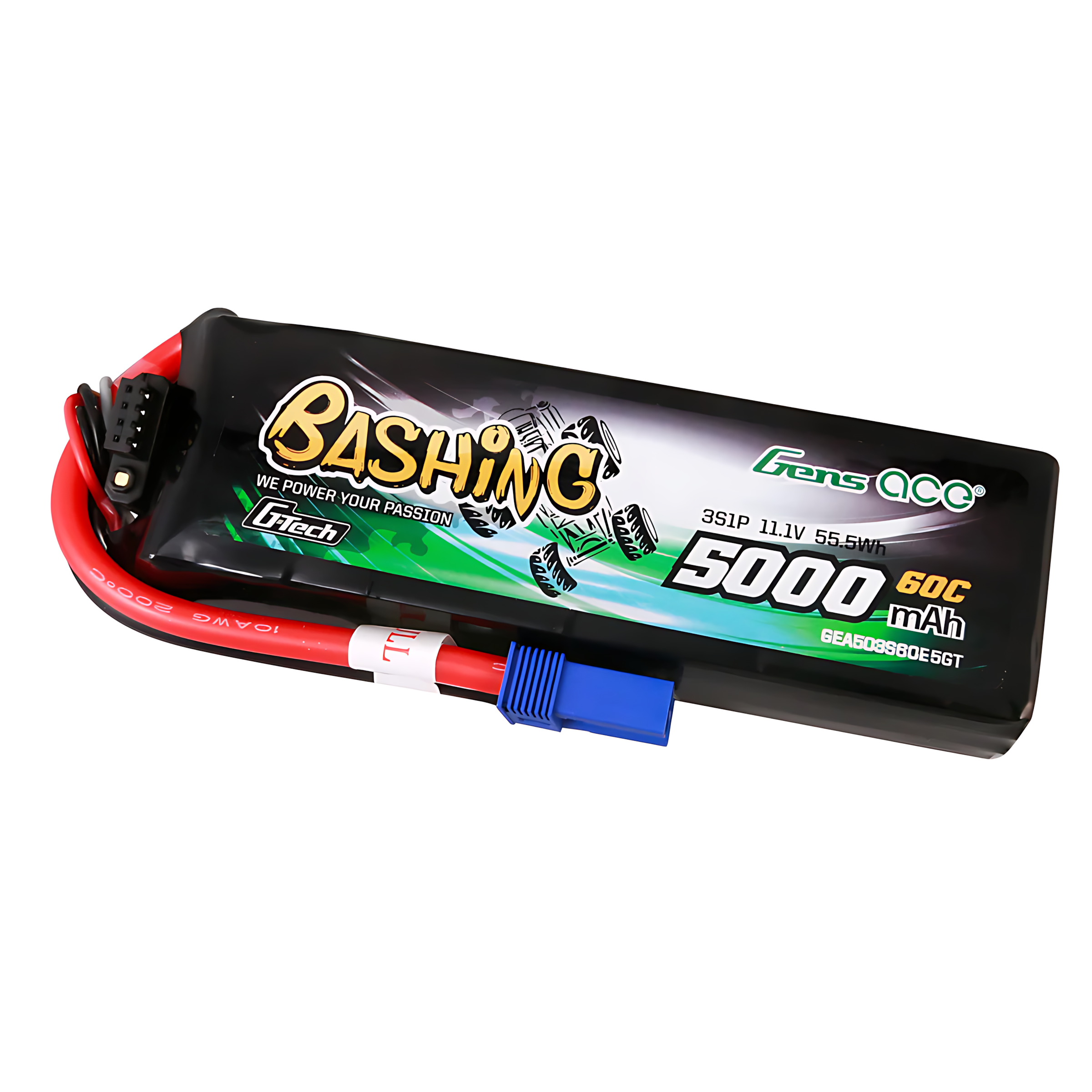 Czarna bateria z czerwonym kablem i niebieskim złączem. Opis: BASHING, Gens ACE 5000mAh.