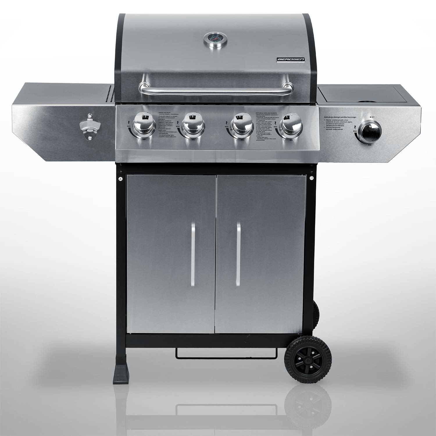 Grill gazowy ze stali nierdzewnej z czterema palnikami, palnikiem bocznym i szafką.