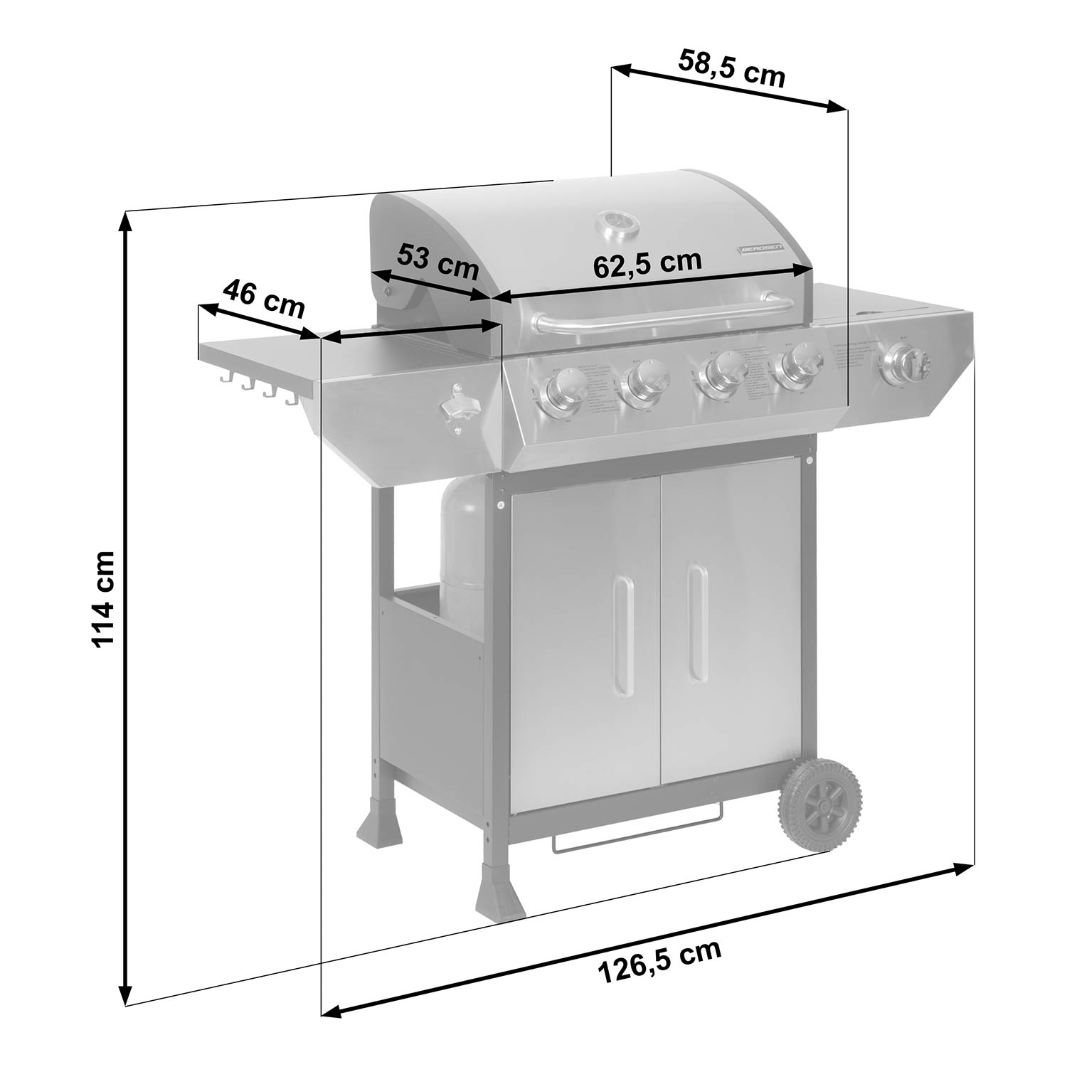 Srebrny grill gazowy z wymiarami, sześcioma palnikami i szafką.