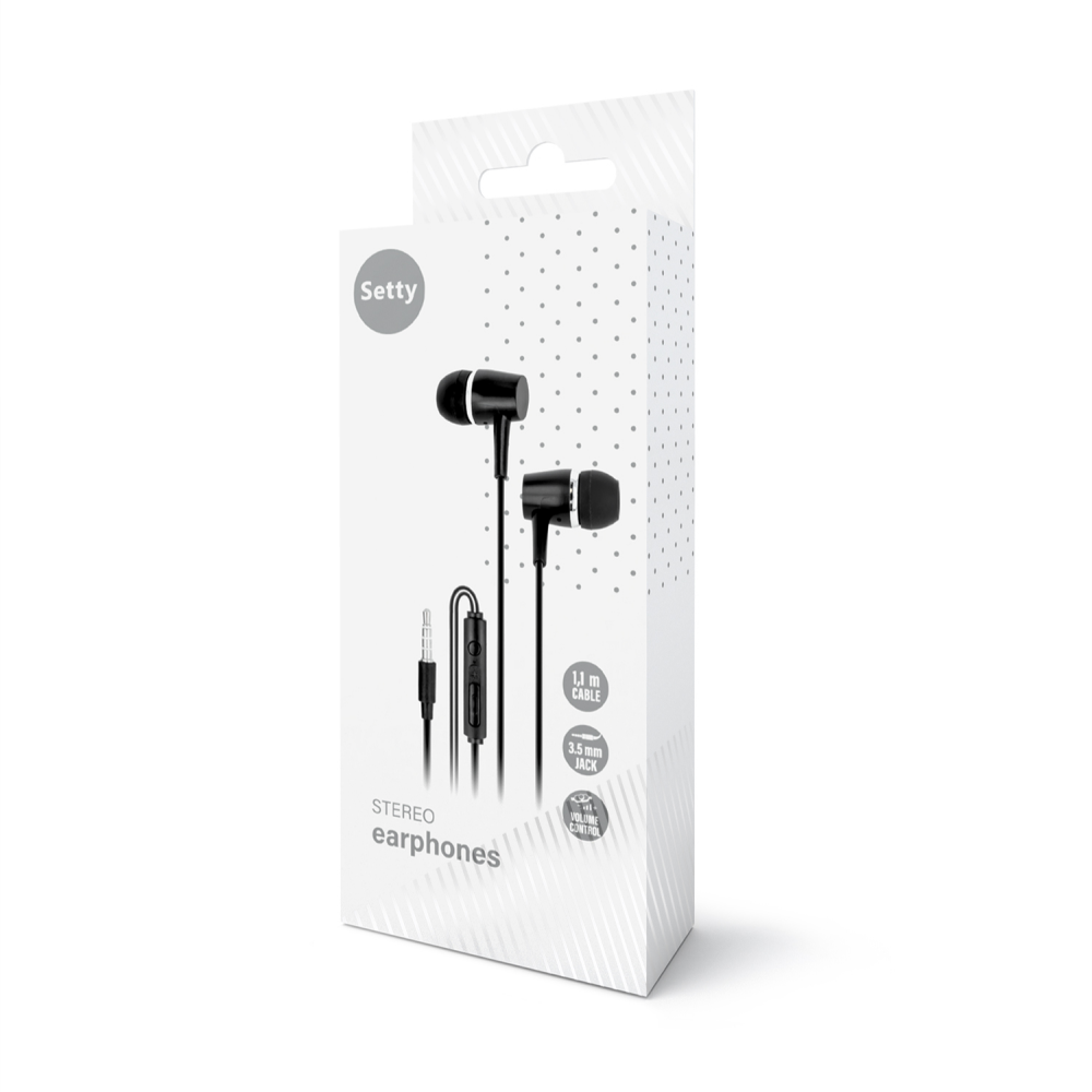Confezione di auricolari in-ear neri con cavo da 1,1 m e controllo volume.