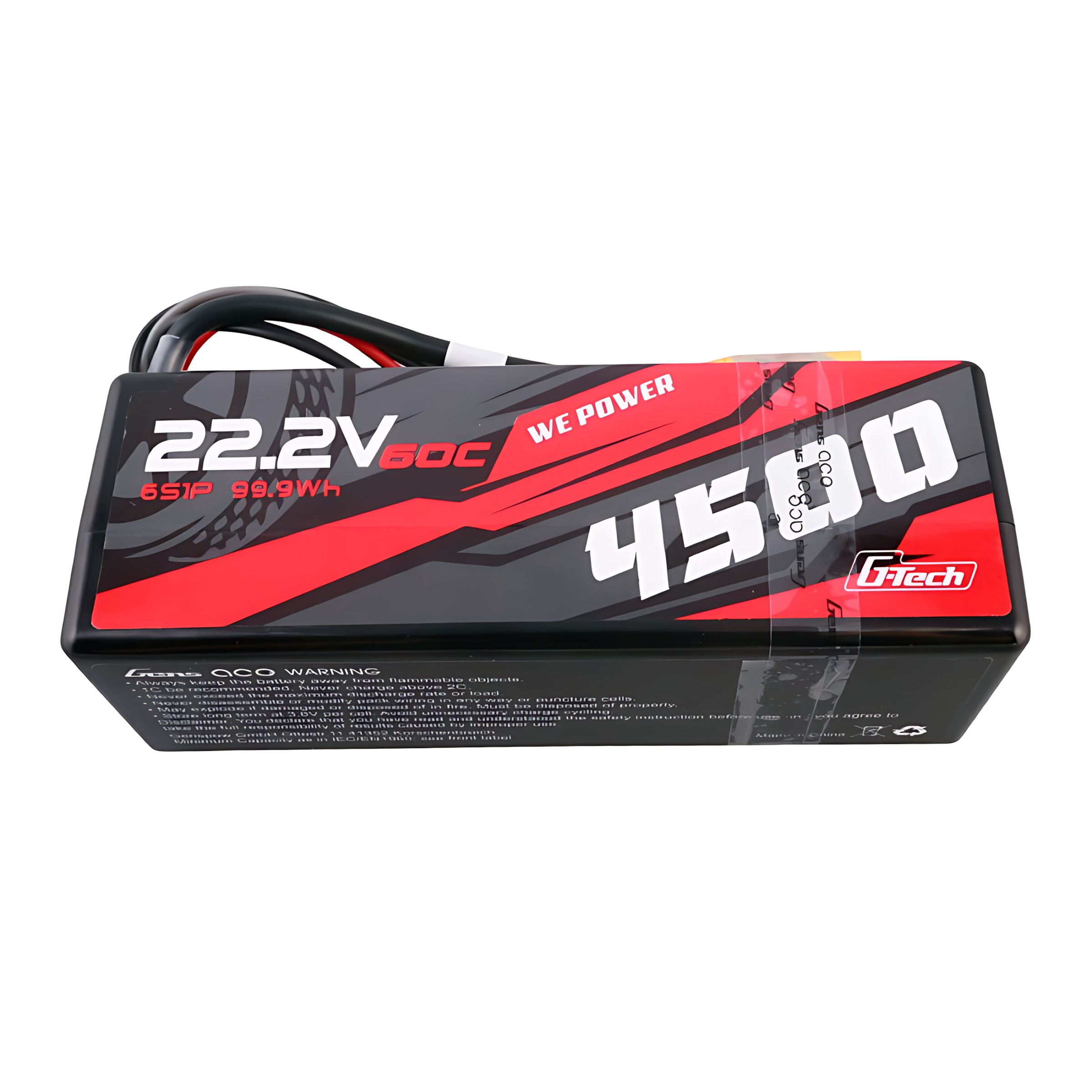 Czarna bateria LiPo z czerwonymi i szarymi akcentami, 22,2V 4500mAh, z przewodami.