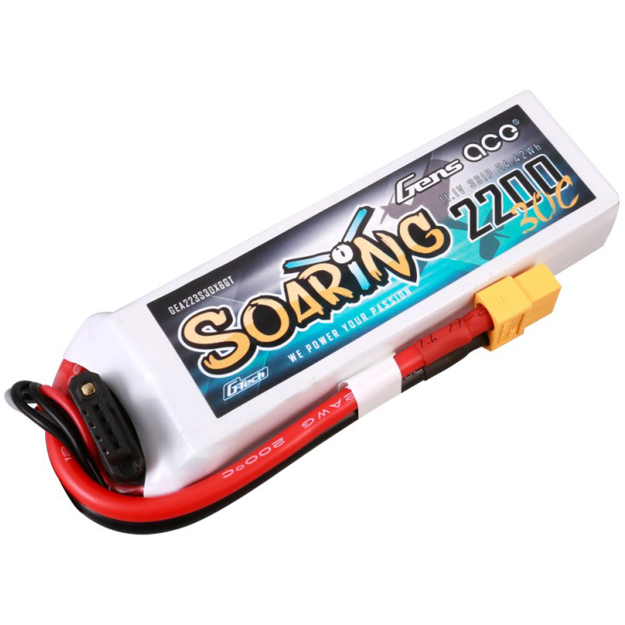 Biały akumulator z czerwonymi i czarnymi przewodami oraz żółtym złączem.