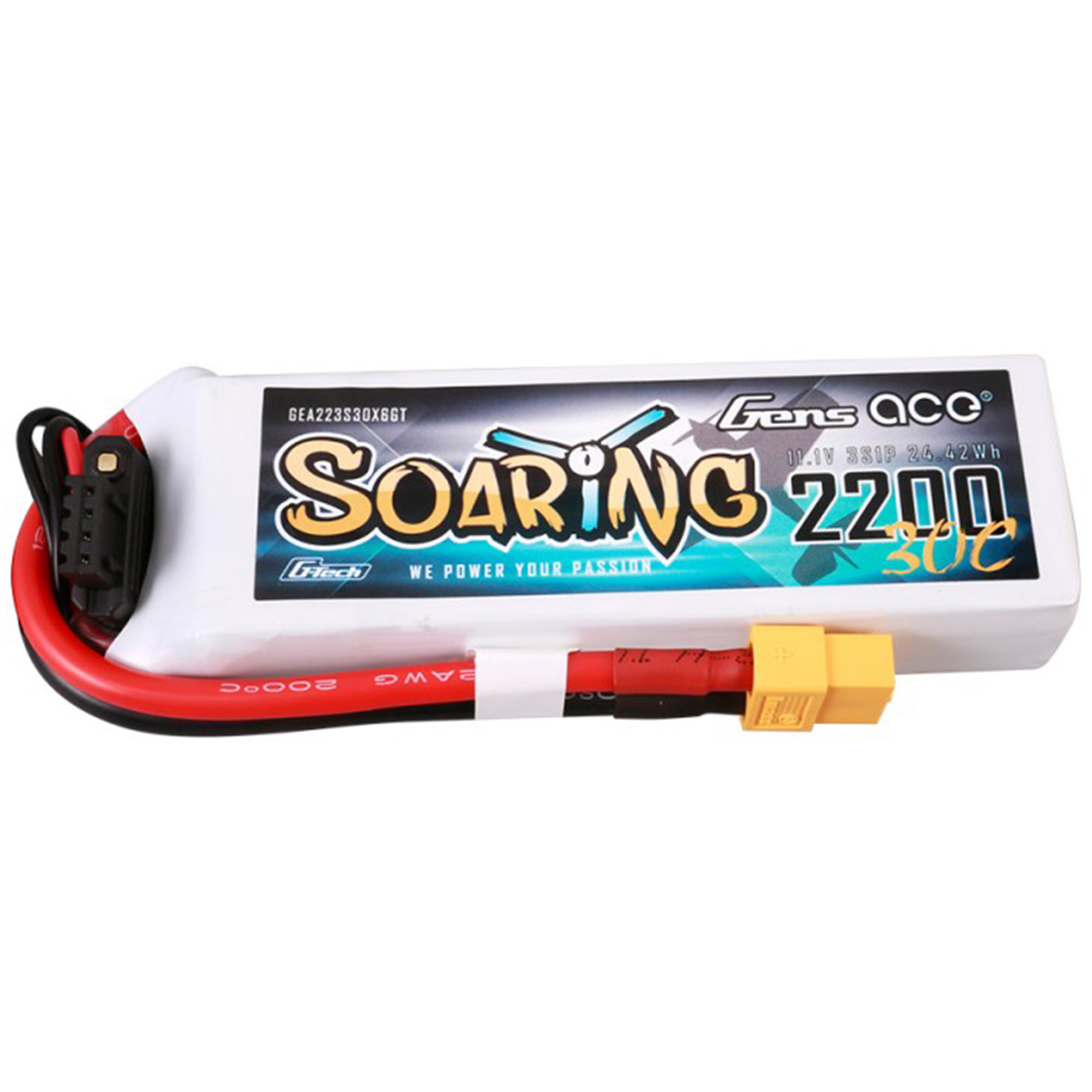 Biała bateria LiPo Gens Ace SOARING 2200mAh 30C z czerwonymi i czarnymi przewodami.