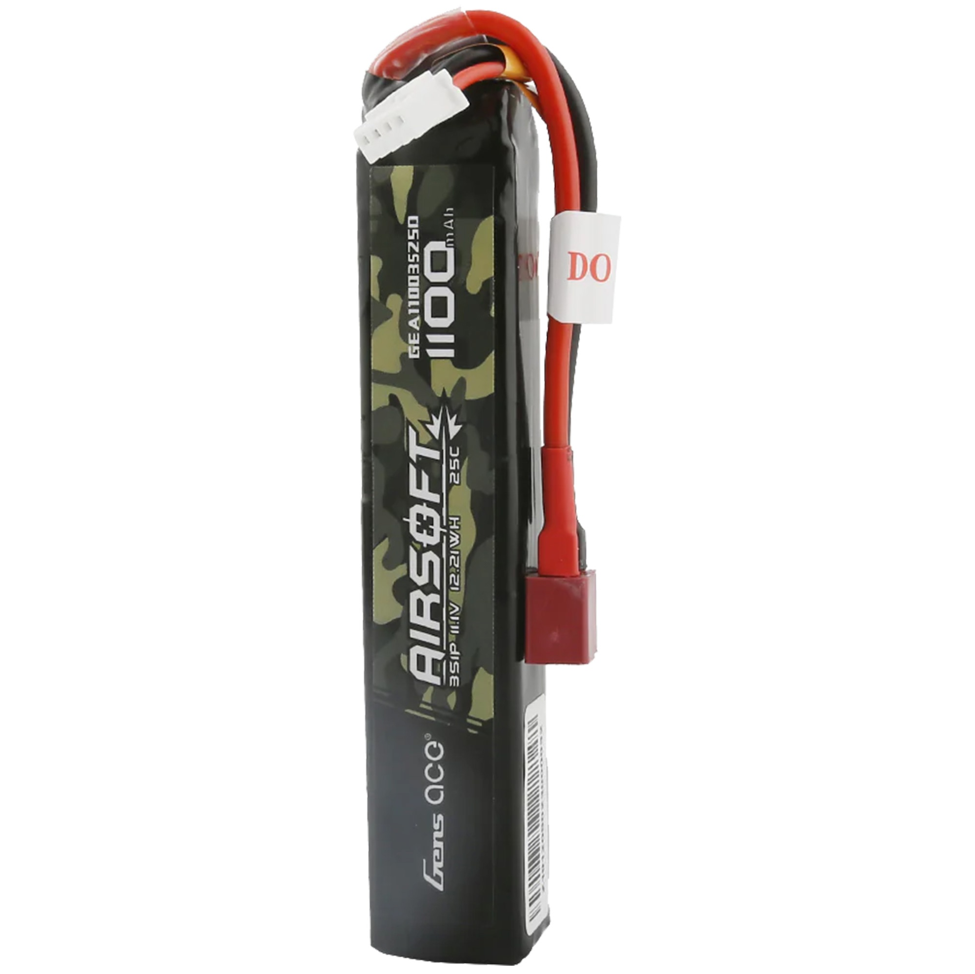 Czarny akumulator Airsoft z wzorem kamuflażu, 1100mAh, 11.1V, z czerwonymi i czarnymi przewodami.