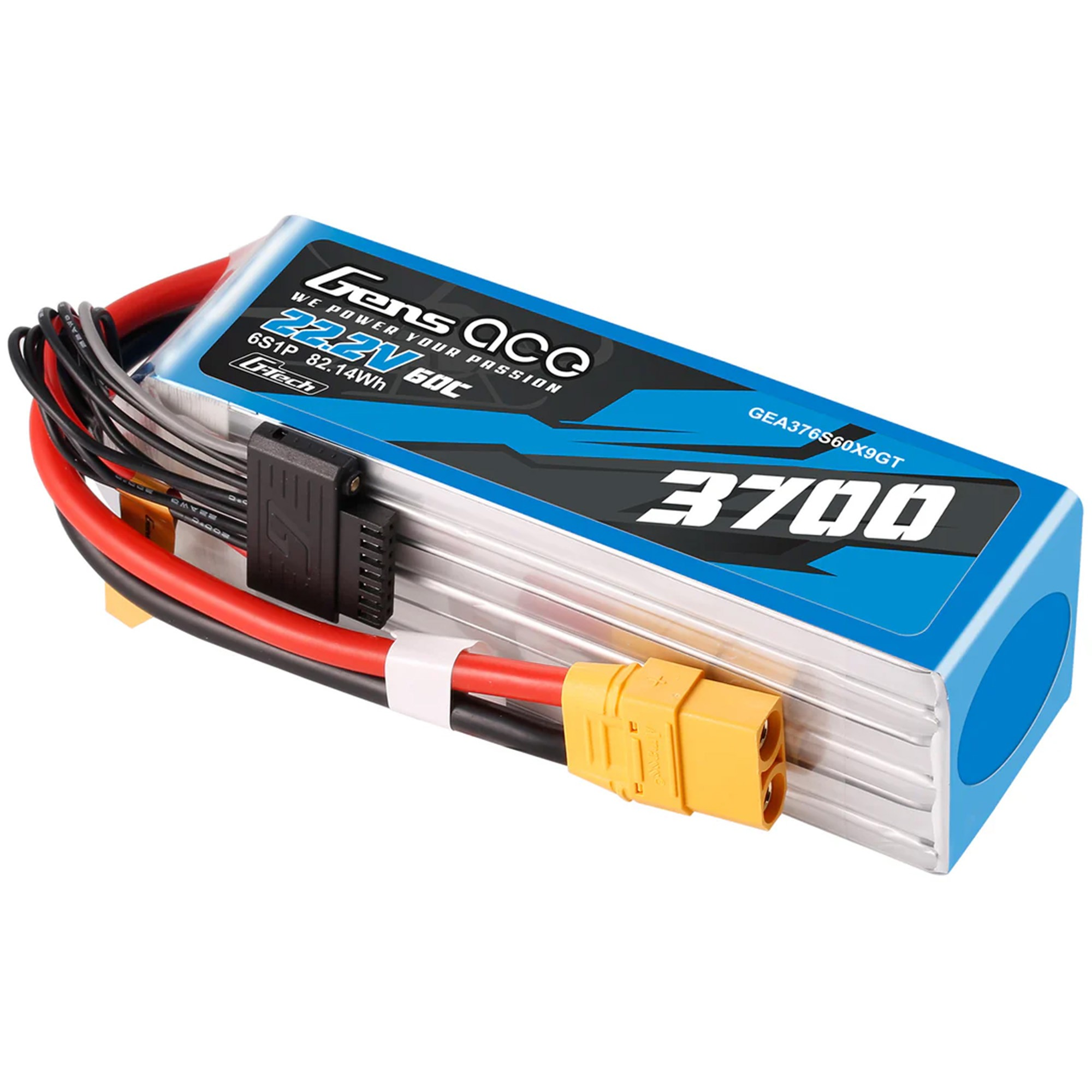 Niebieski akumulator 22,2V 3700mAh z przewodami i złączami.