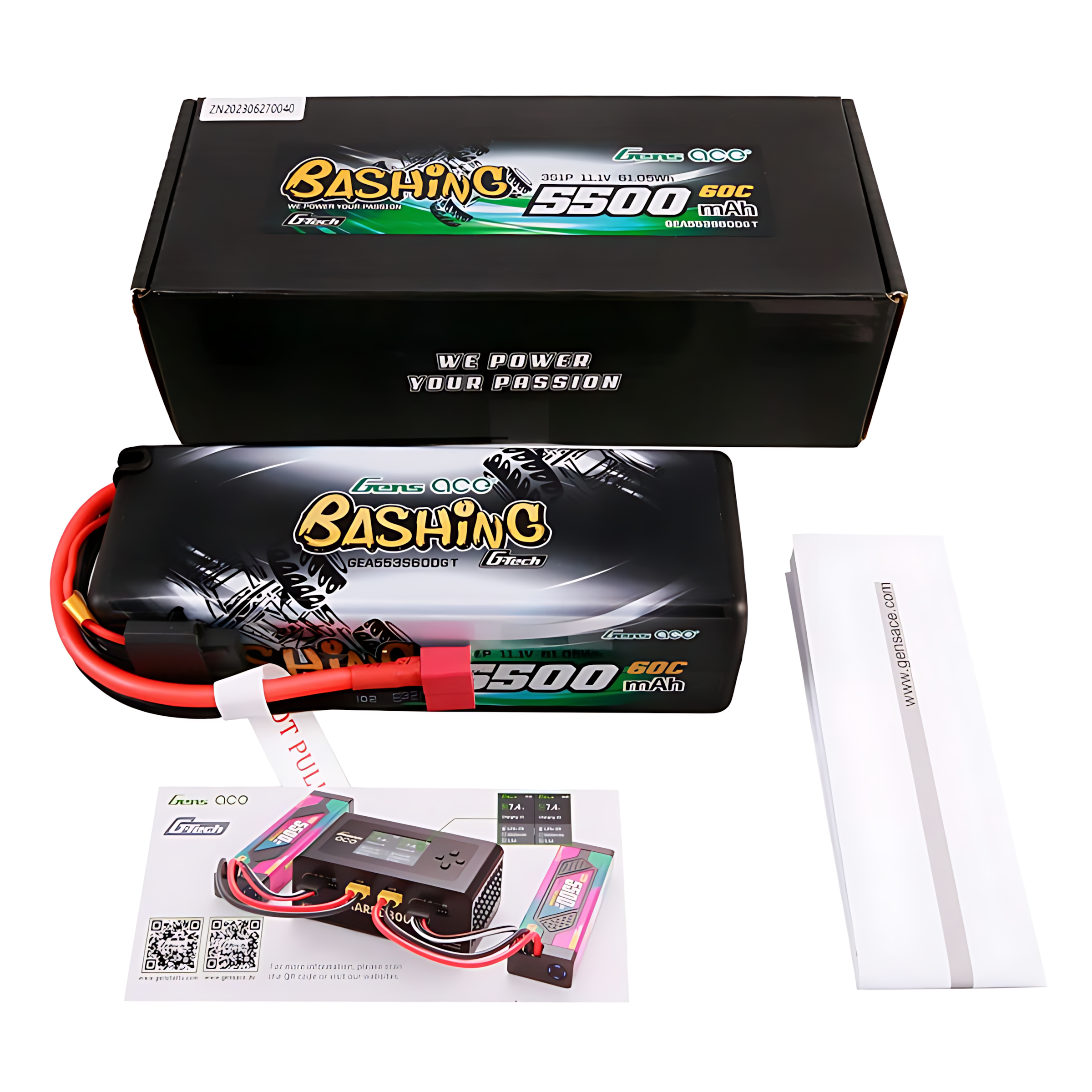 Akumulator i pudełko z napisem 'BASHING 5500 60C 11.1V'.