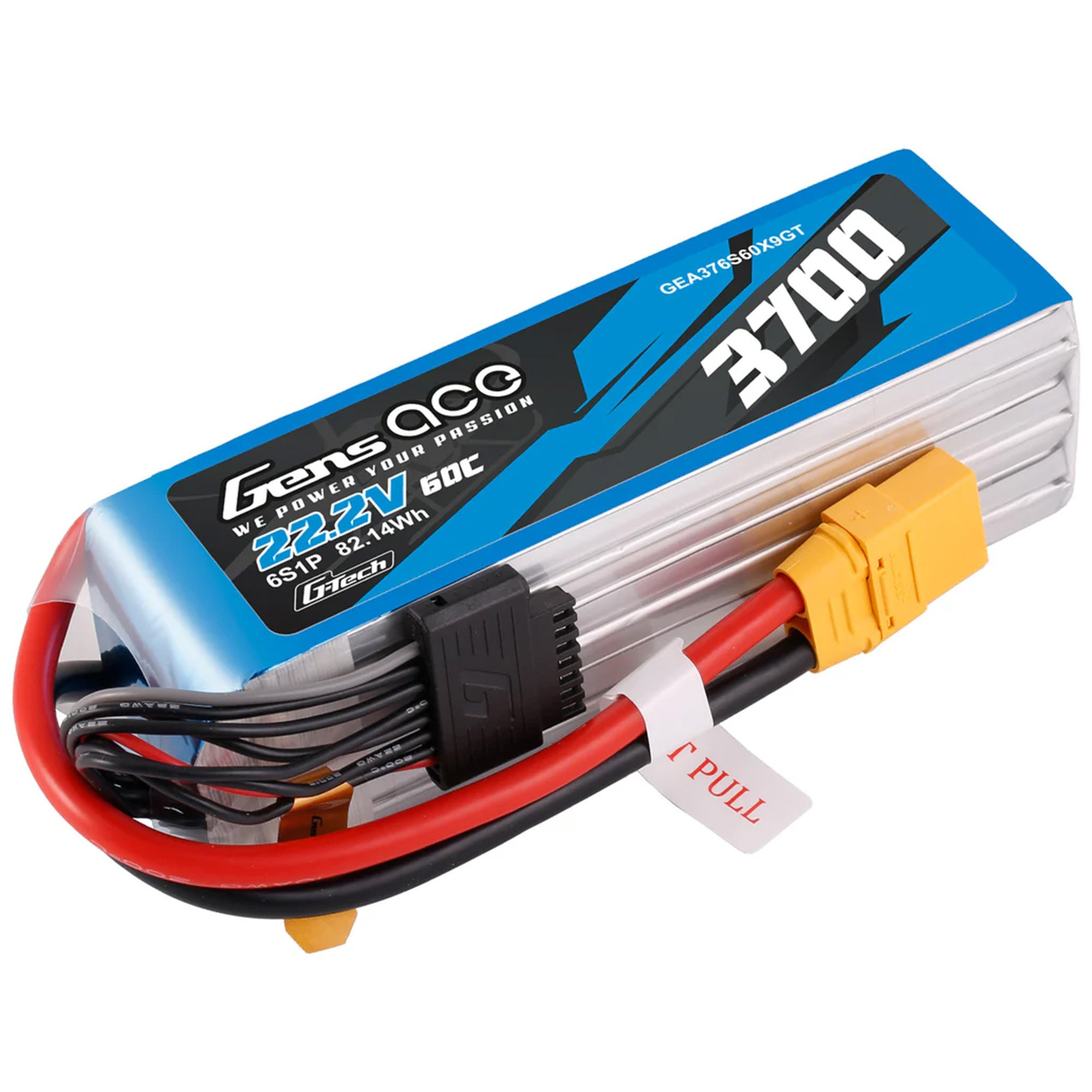 Niebieski pakiet baterii LiPo Gens Ace 3700mAh 22.2V z czerwonymi i czarnymi przewodami.