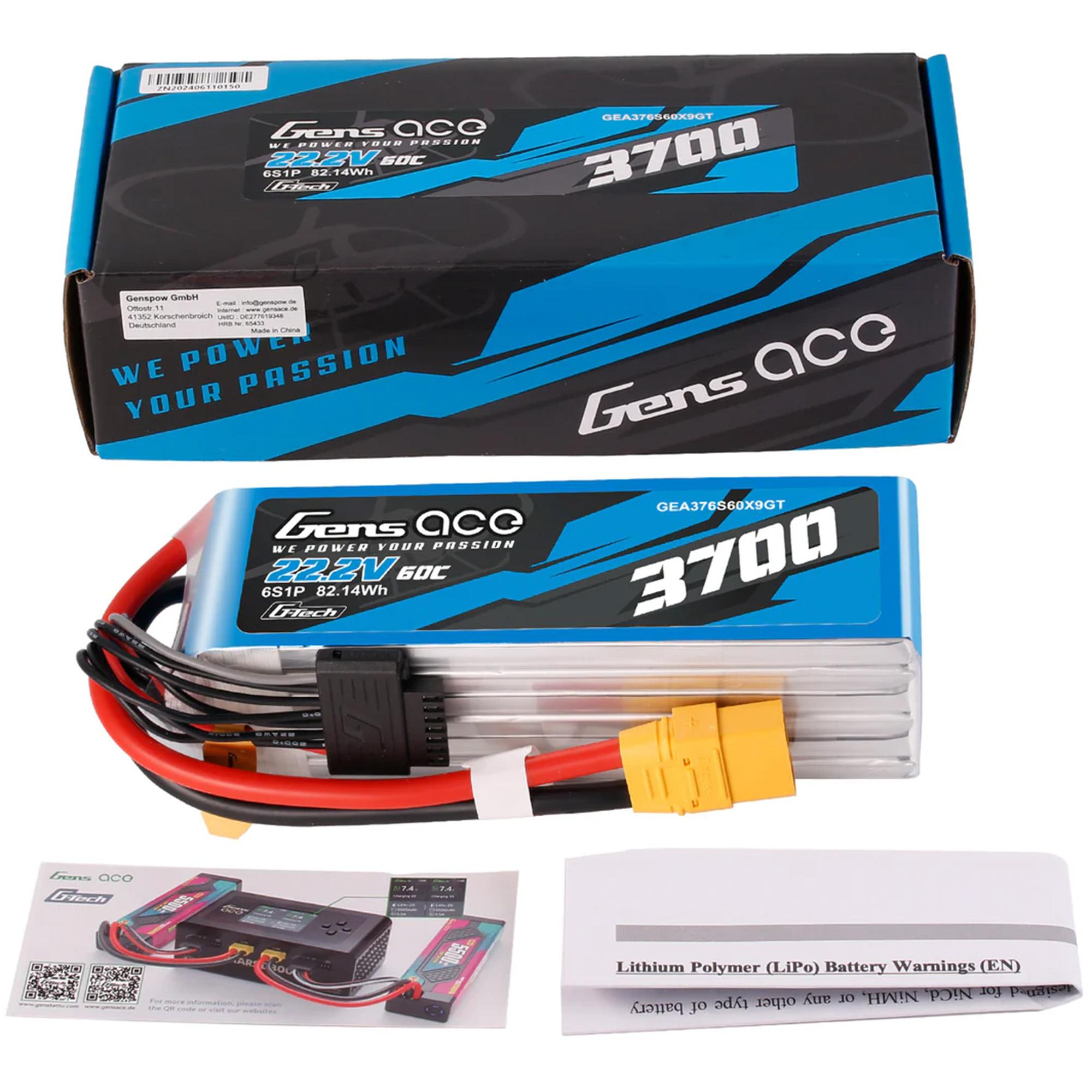 Akumulator Gens Ace 22.2V 6S1P 3700mAh LiPo i jego opakowanie.
