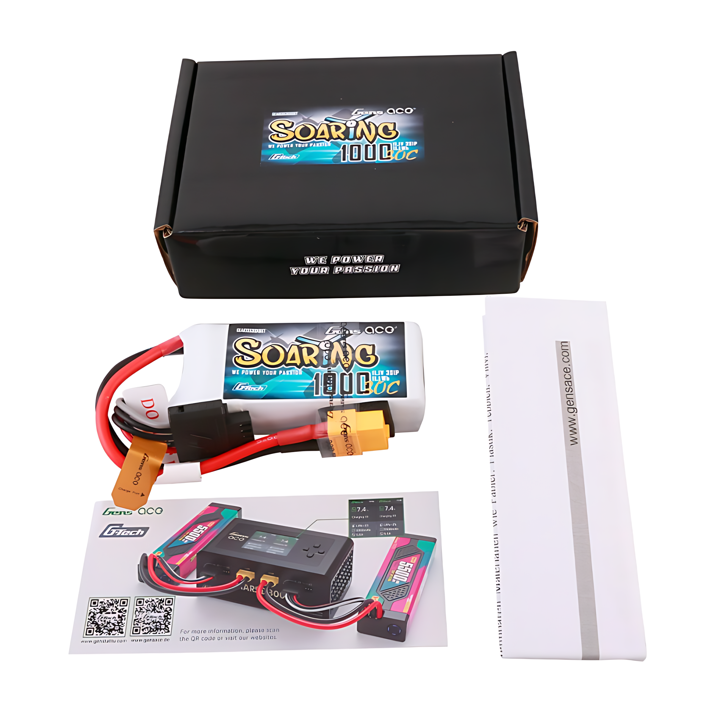 Un caricabatterie con due batterie e un manuale su sfondo bianco.