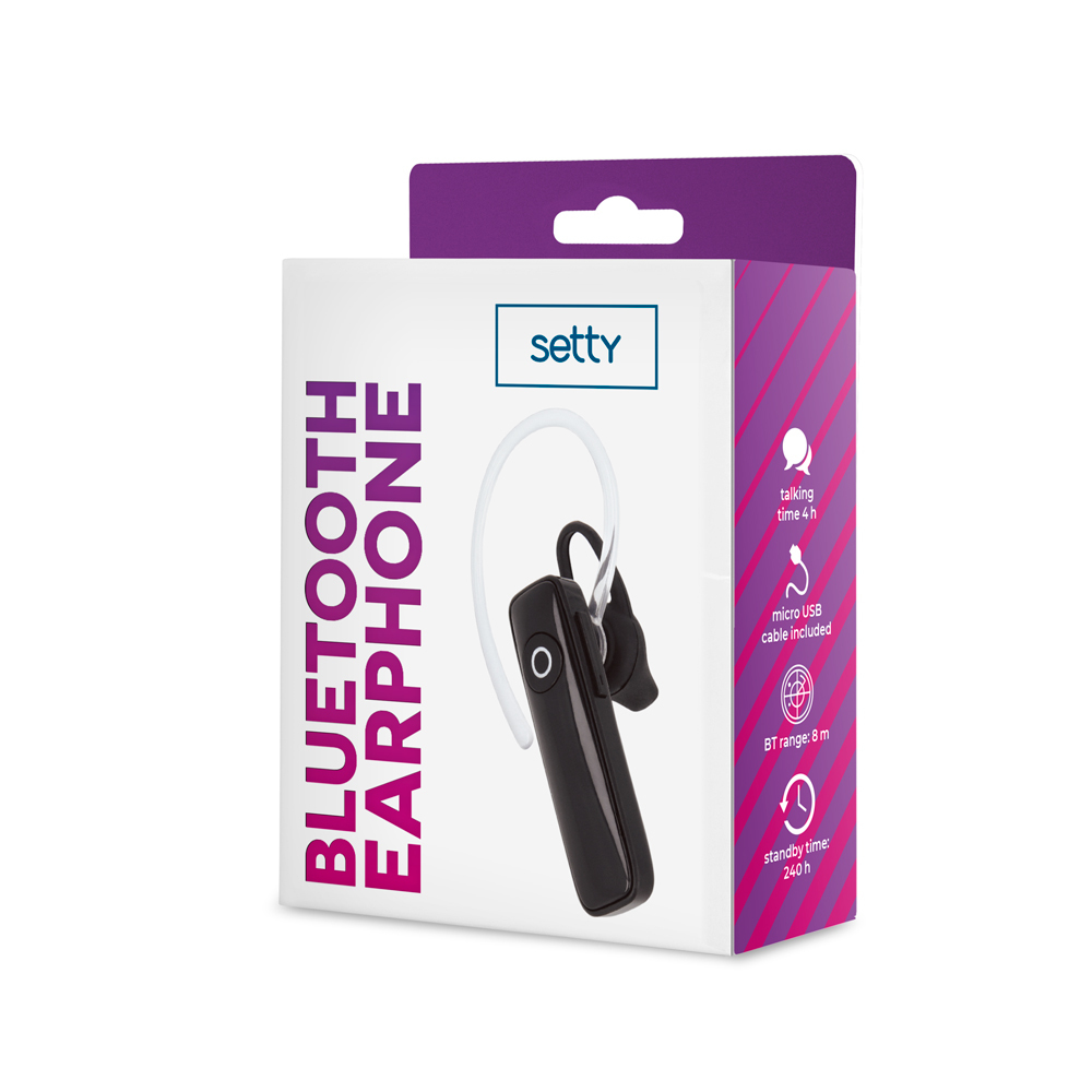 Opakowanie czarnego zestawu słuchawkowego Bluetooth z białym pałąkiem i detalami.