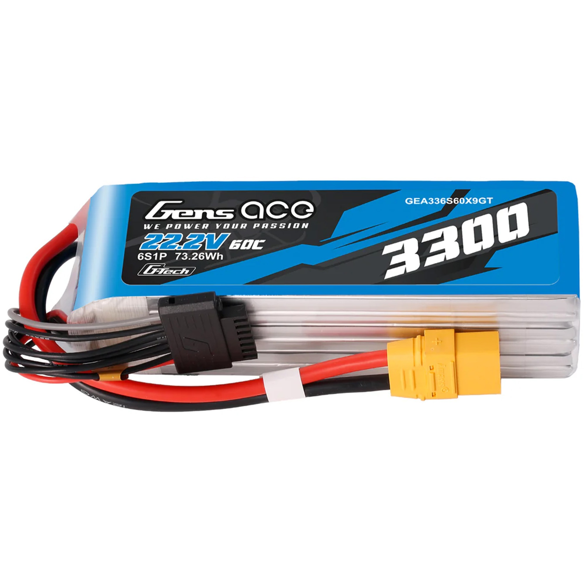 Niebieska bateria LiPo Gens Ace 3300mAh 22.2V z czerwonymi i czarnymi przewodami.