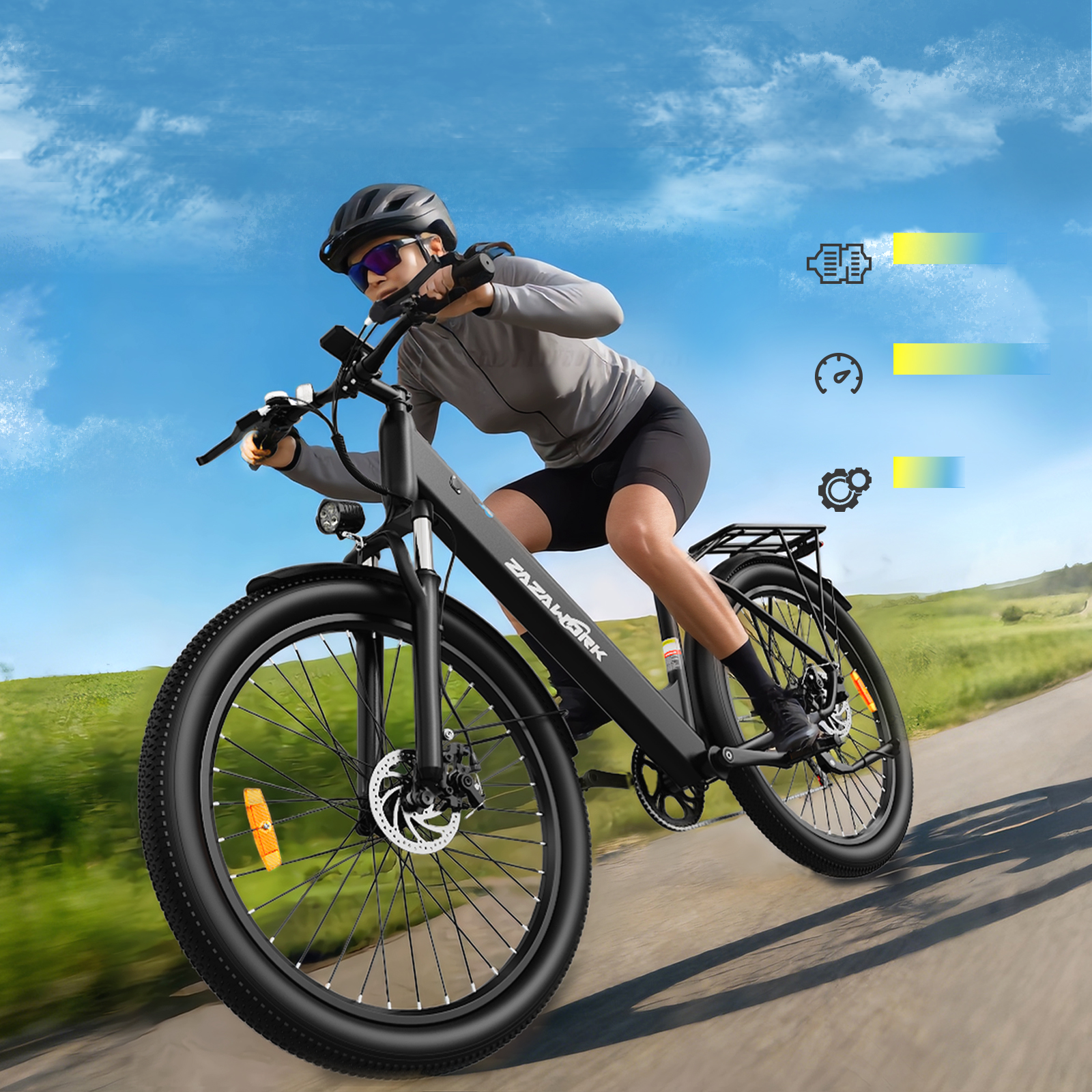 Mujer con casco monta bici eléctrica negra en carretera con colinas verdes.
