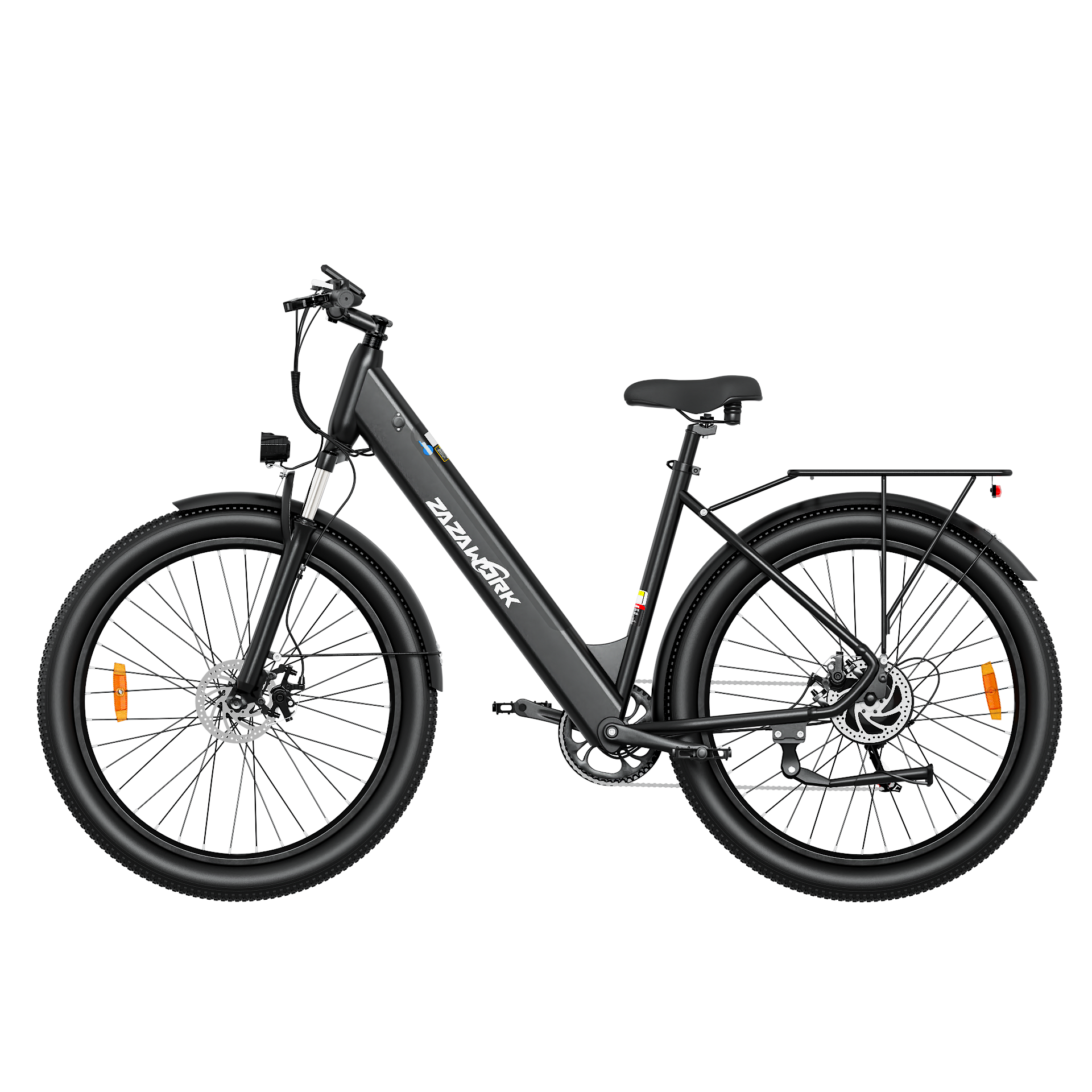 Una bicicleta eléctrica negra con neumáticos anchos, portaequipajes y frenos de disco.