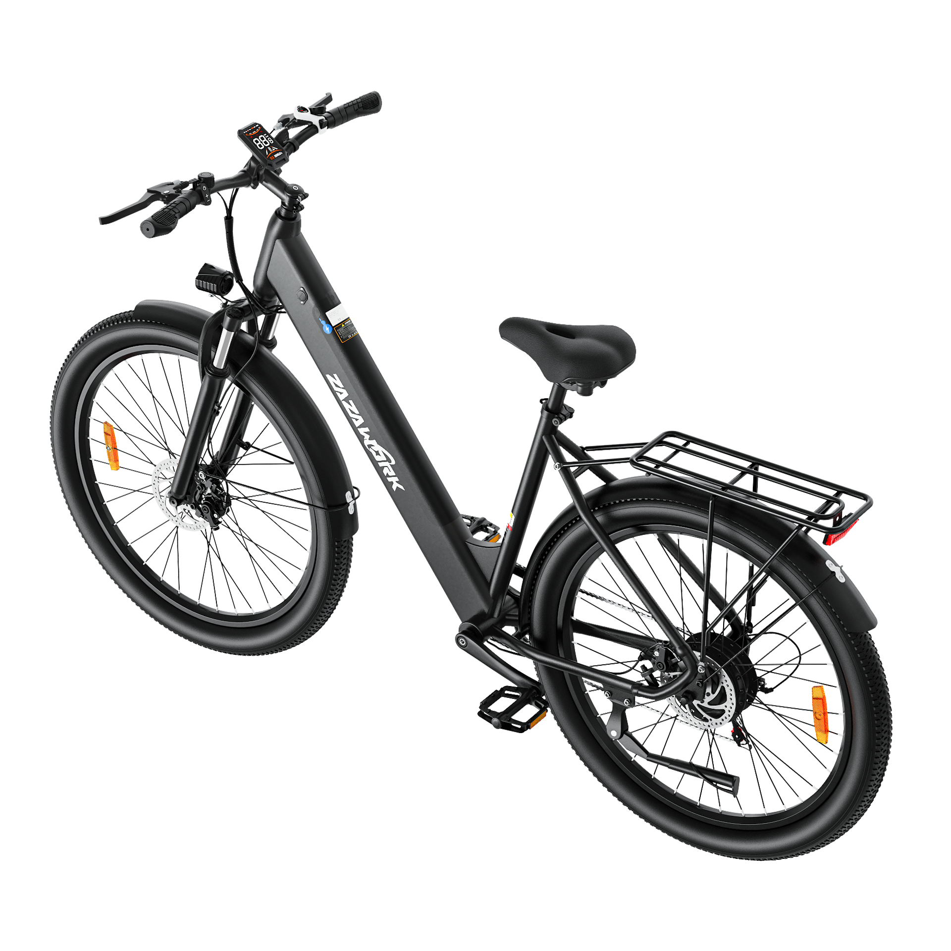 Una bicicleta eléctrica negra con pantalla digital, portaequipajes y neumáticos anchos.
