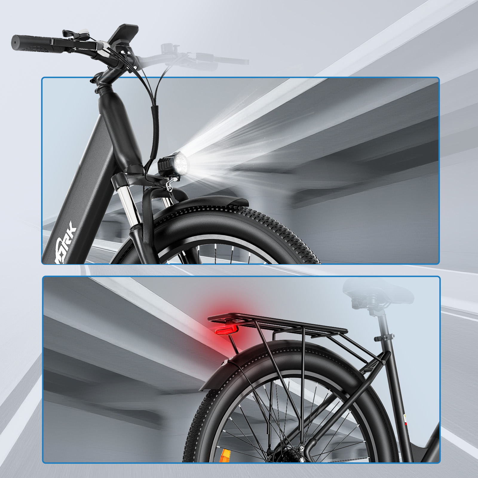 Primer plano de una bicicleta negra con luz delantera brillante y luz trasera roja.