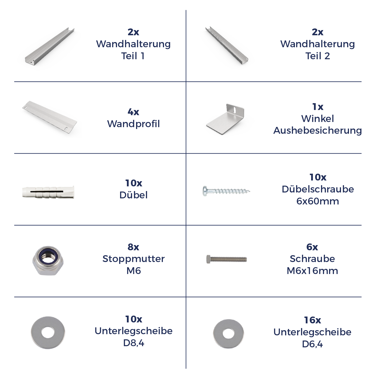 Metallteile für Montage: 2x Wandhalterung Teil 1, 2x Teil 2, 4x Wandprofil, 1x Winkel.