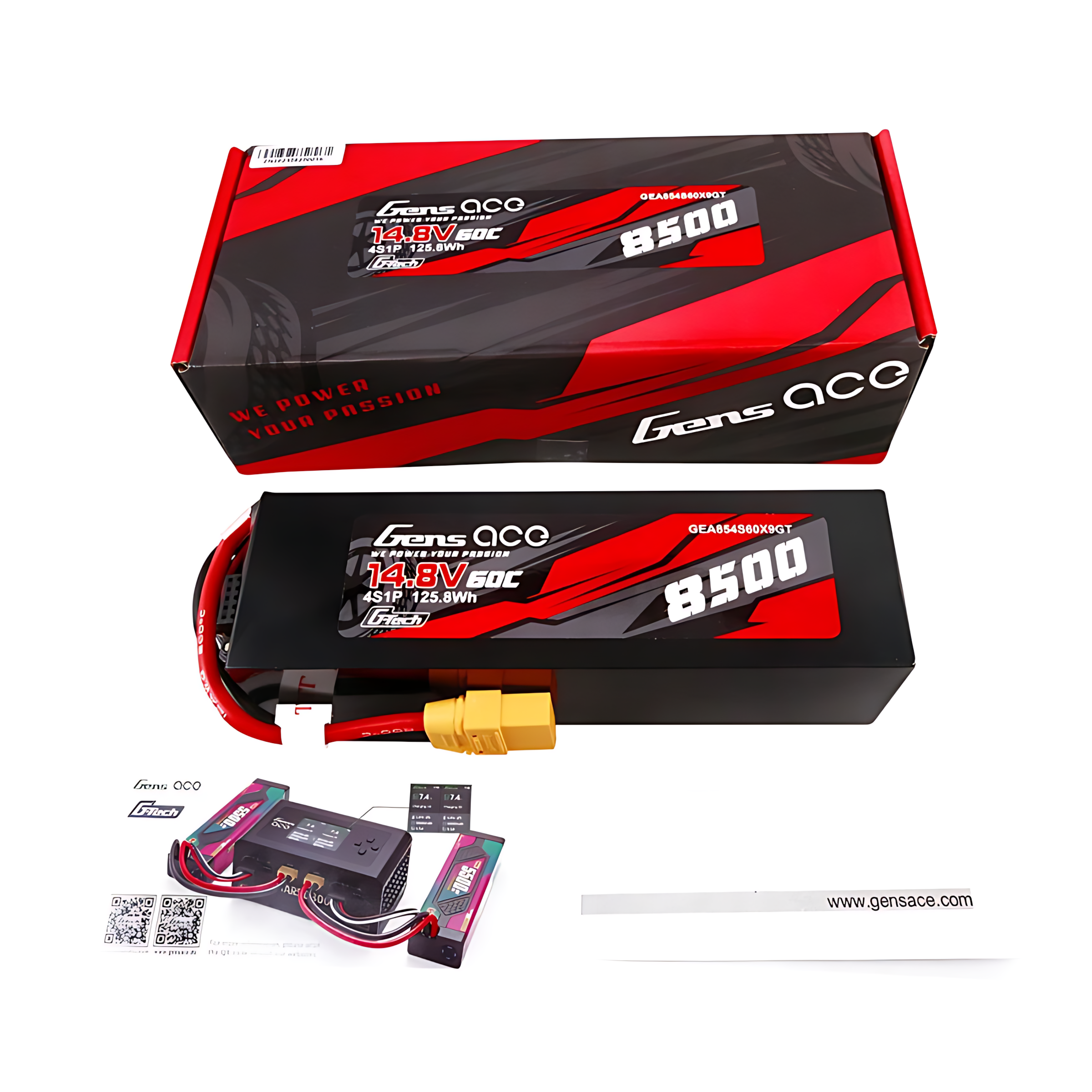 Bateria Gens Ace 14,8V 8500mAh i ładowarka na białym tle.