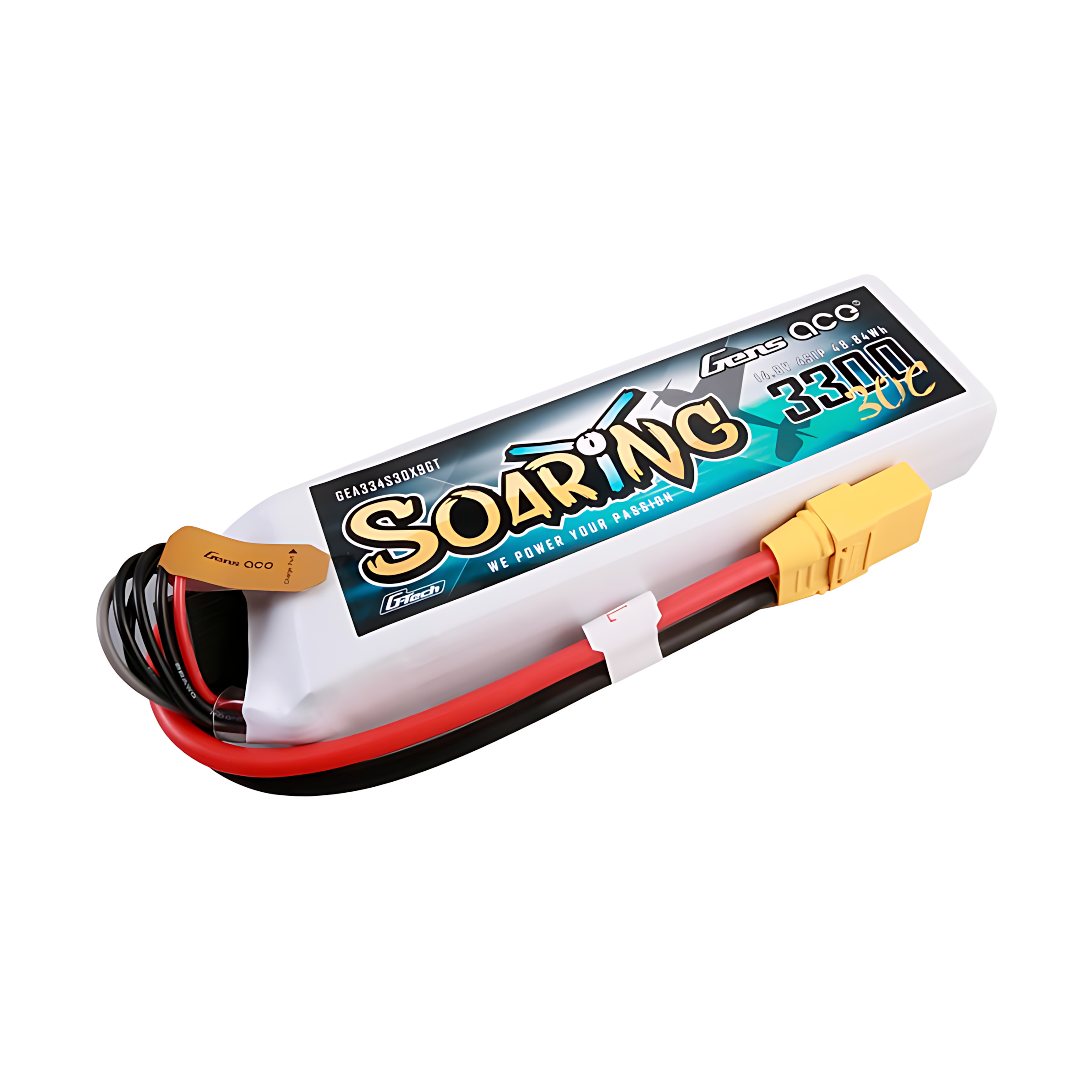 Un pacco batteria bianco con connettore giallo e cavi neri/rossi.
