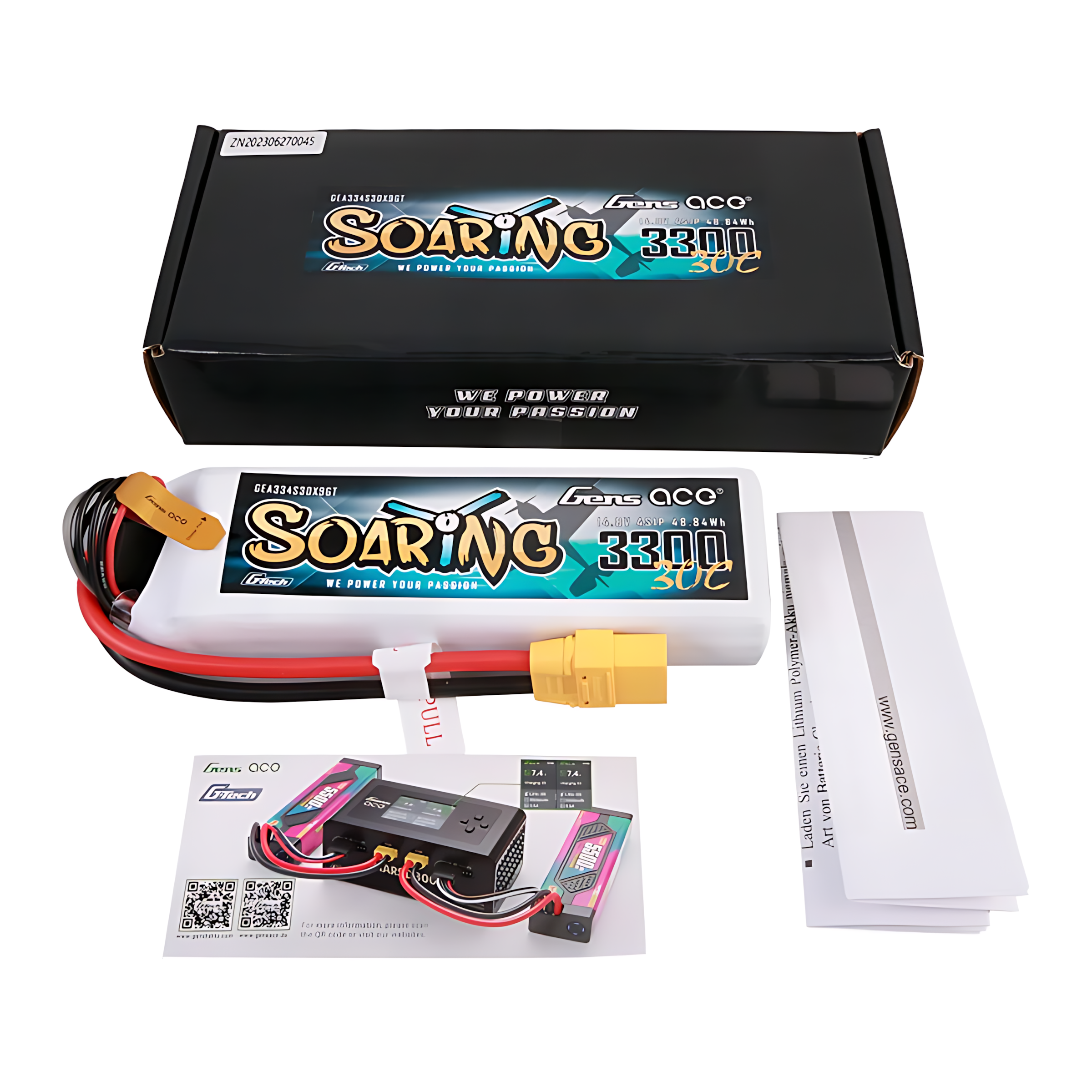 Scatola con batteria, caricabatterie e manuale. Colori bianco e nero.