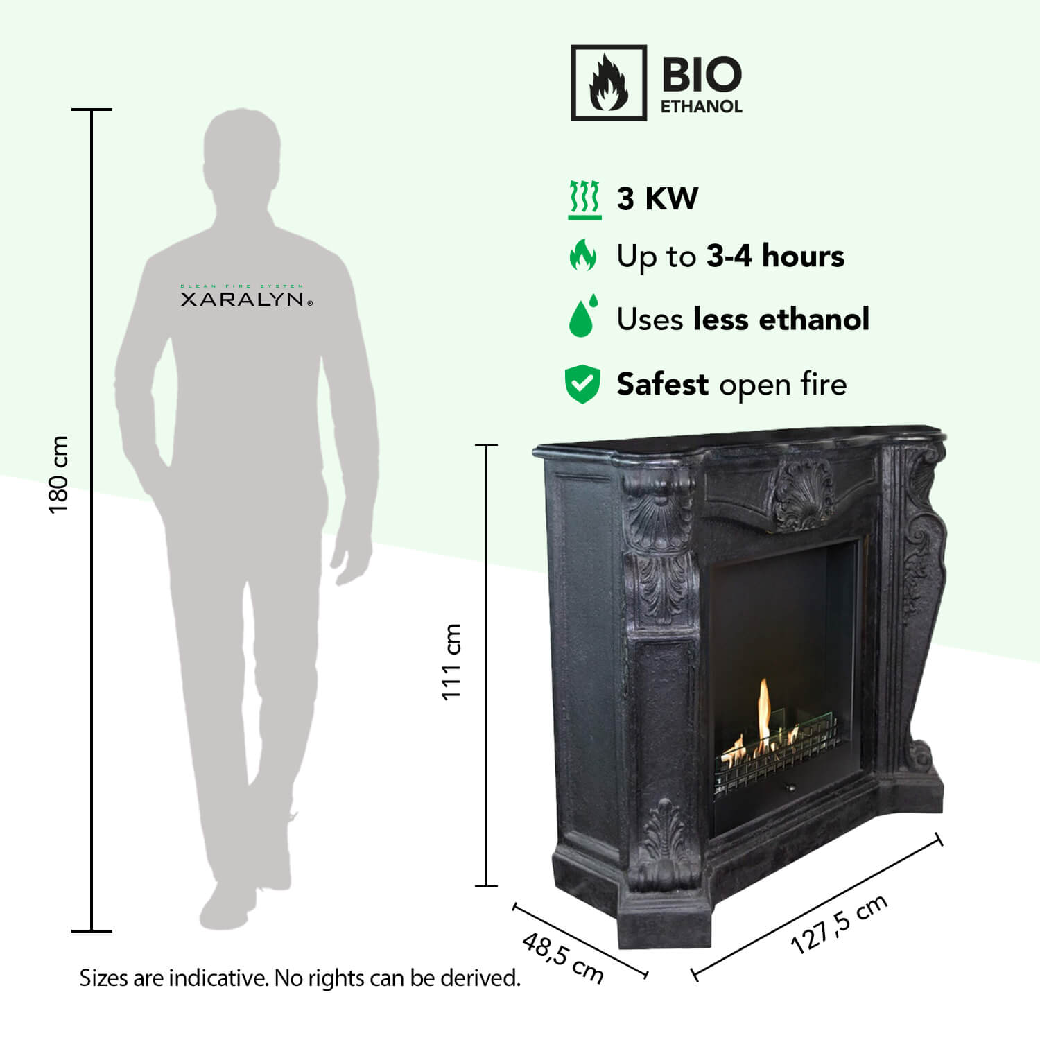 Zwarte ethanol haard, 111 cm hoog, met vlammen. Links ervan een 180 cm hoge silhouet van een persoon.