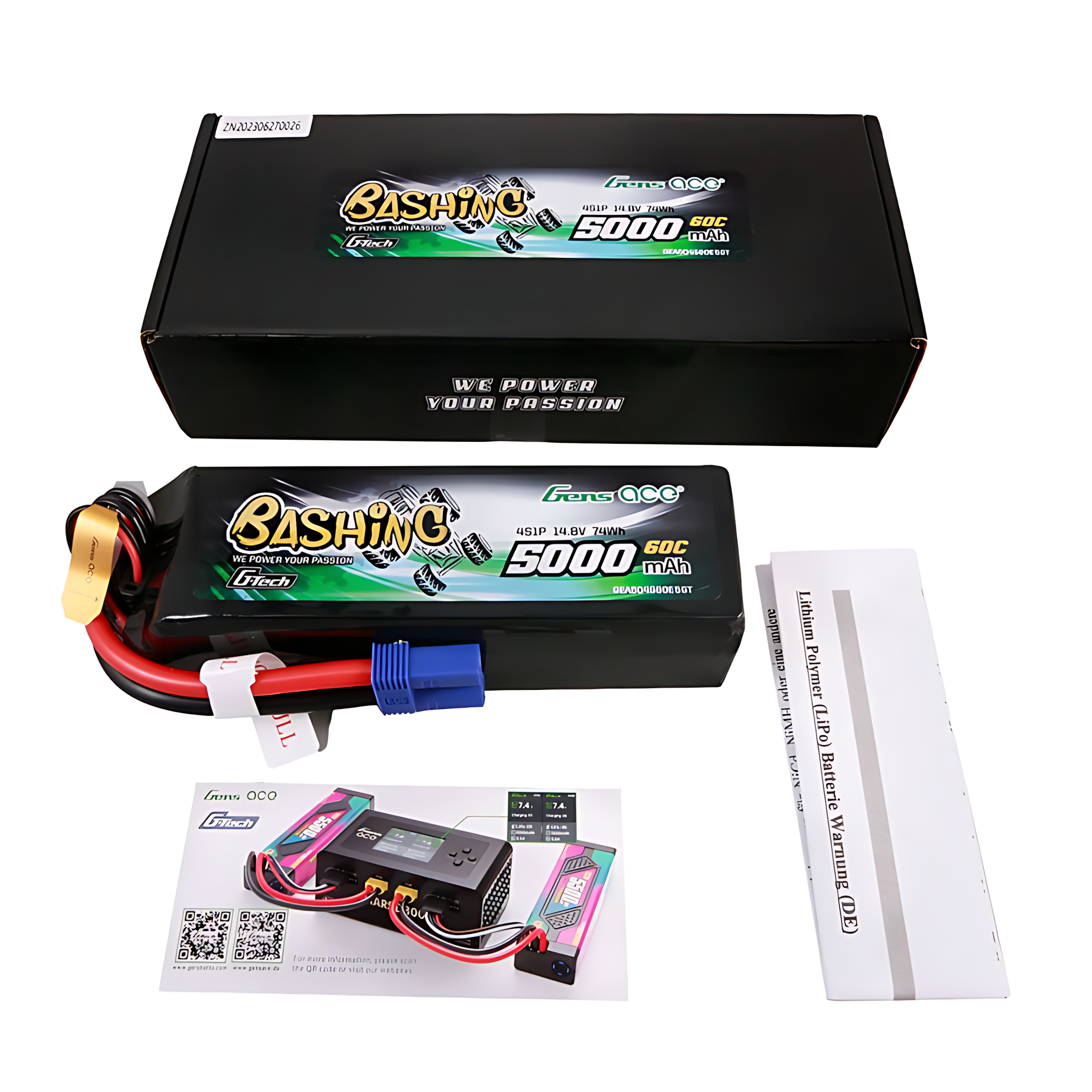 Czarne pudełko z baterią LiPo, ładowarką i instrukcją. Bateria 5000mAh, 14.8V.