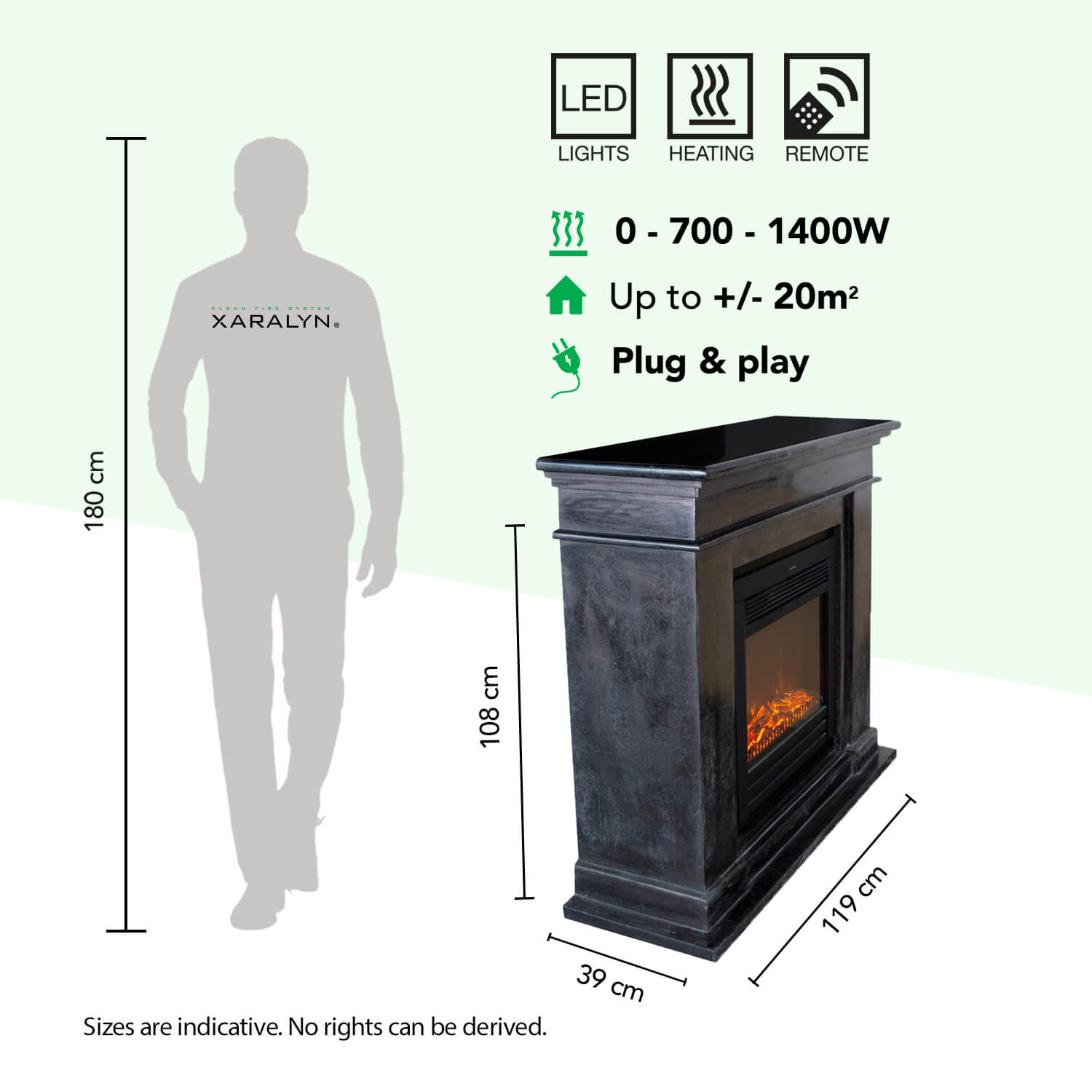 Een open haard met LED-verlichting, verwarming en afstandsbediening. Afm. 119x39x108cm.