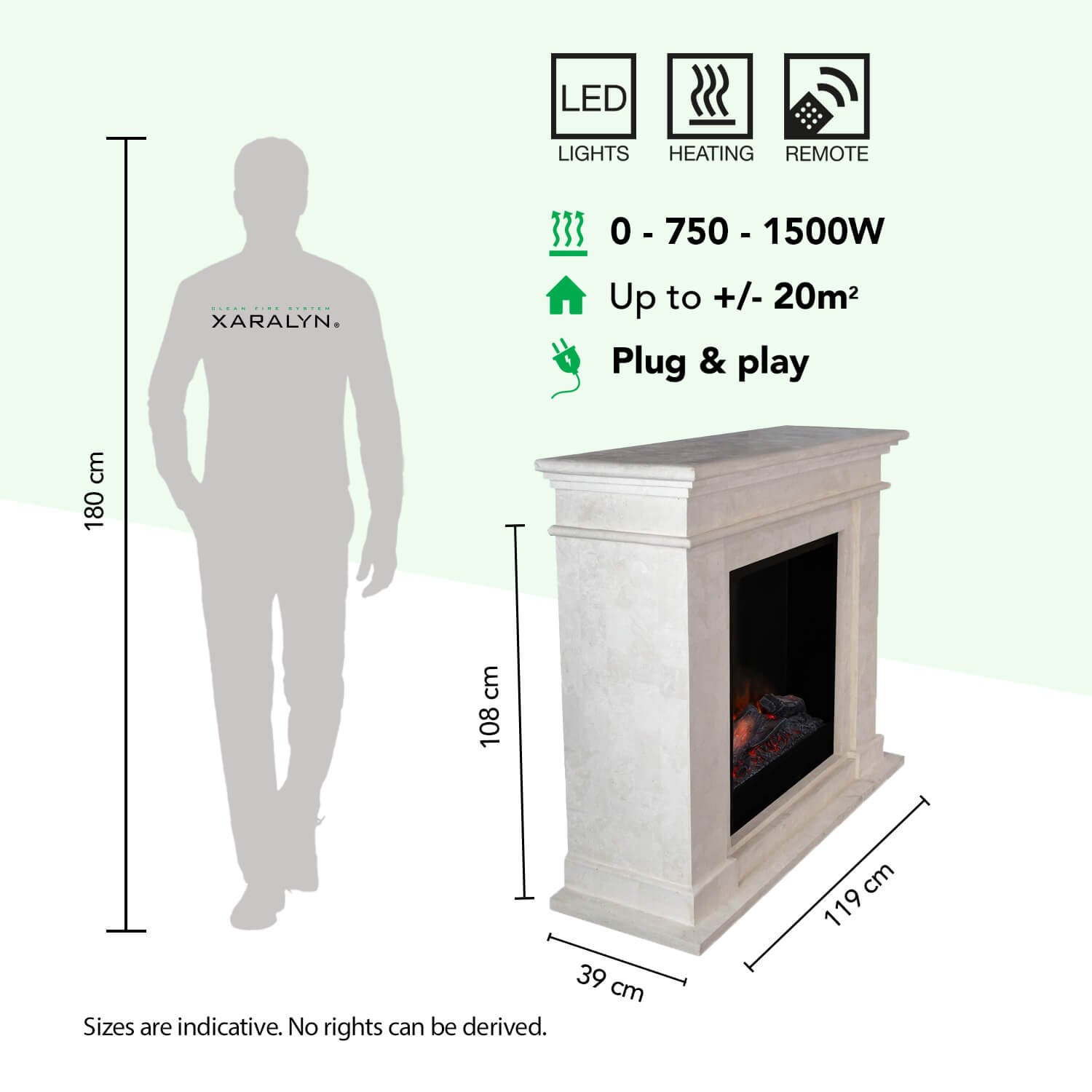 A man stands beside a white fireplace. Dimensions and features are listed.