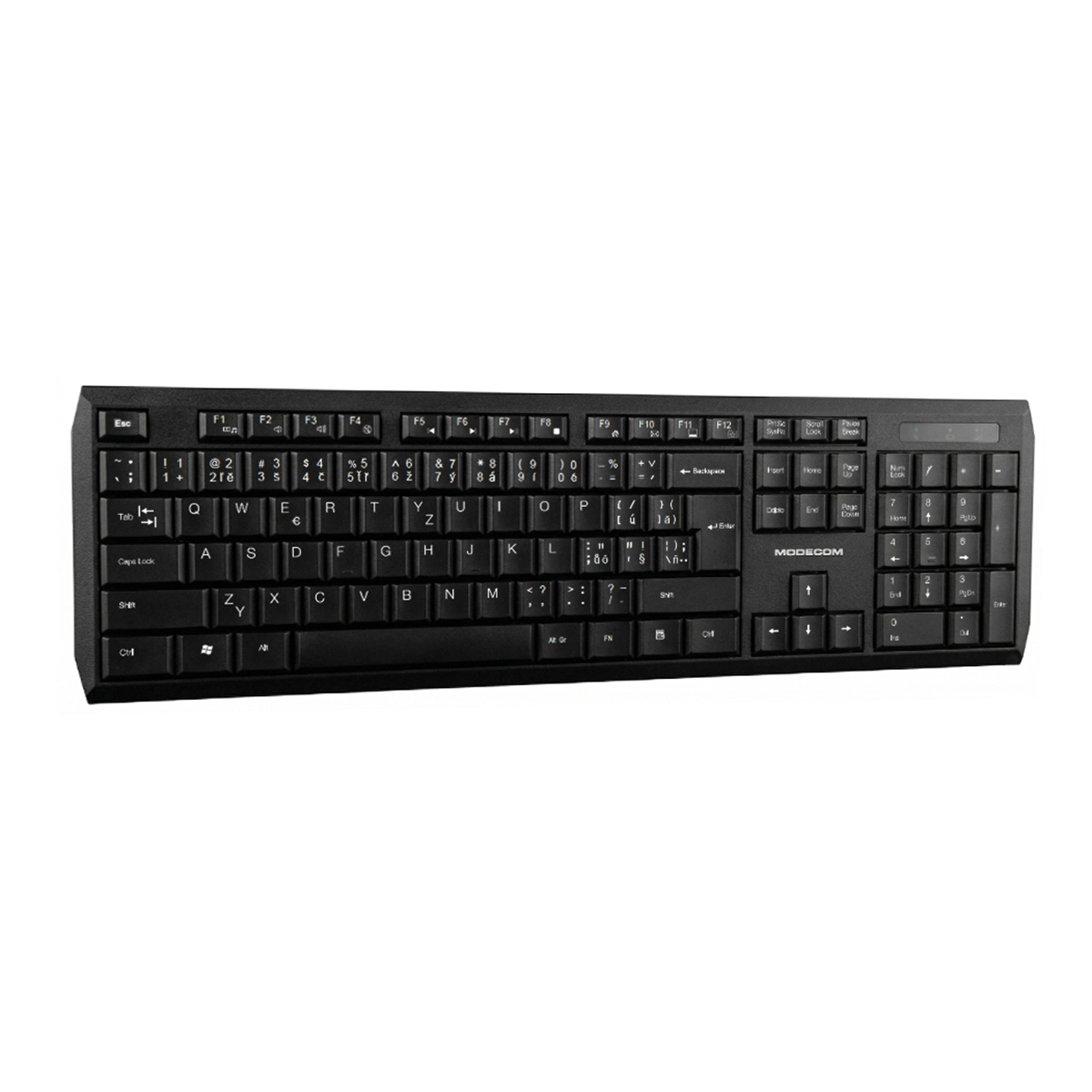 Czarna klawiatura komputerowa MODECOM widoczna na białym tle. Posiada pełny układ klawiatury QWERTY.
