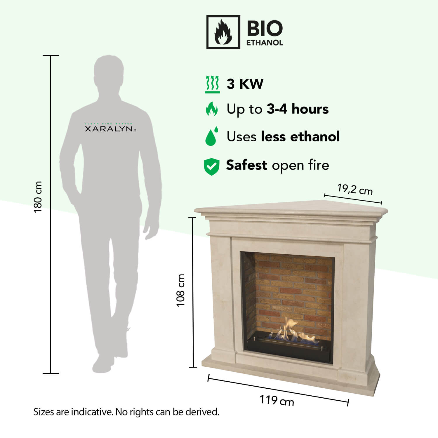 Een 3 KW bio-ethanol haard, 108cm hoog. Brandt 3-4 uur. Gebruikt minder ethanol.