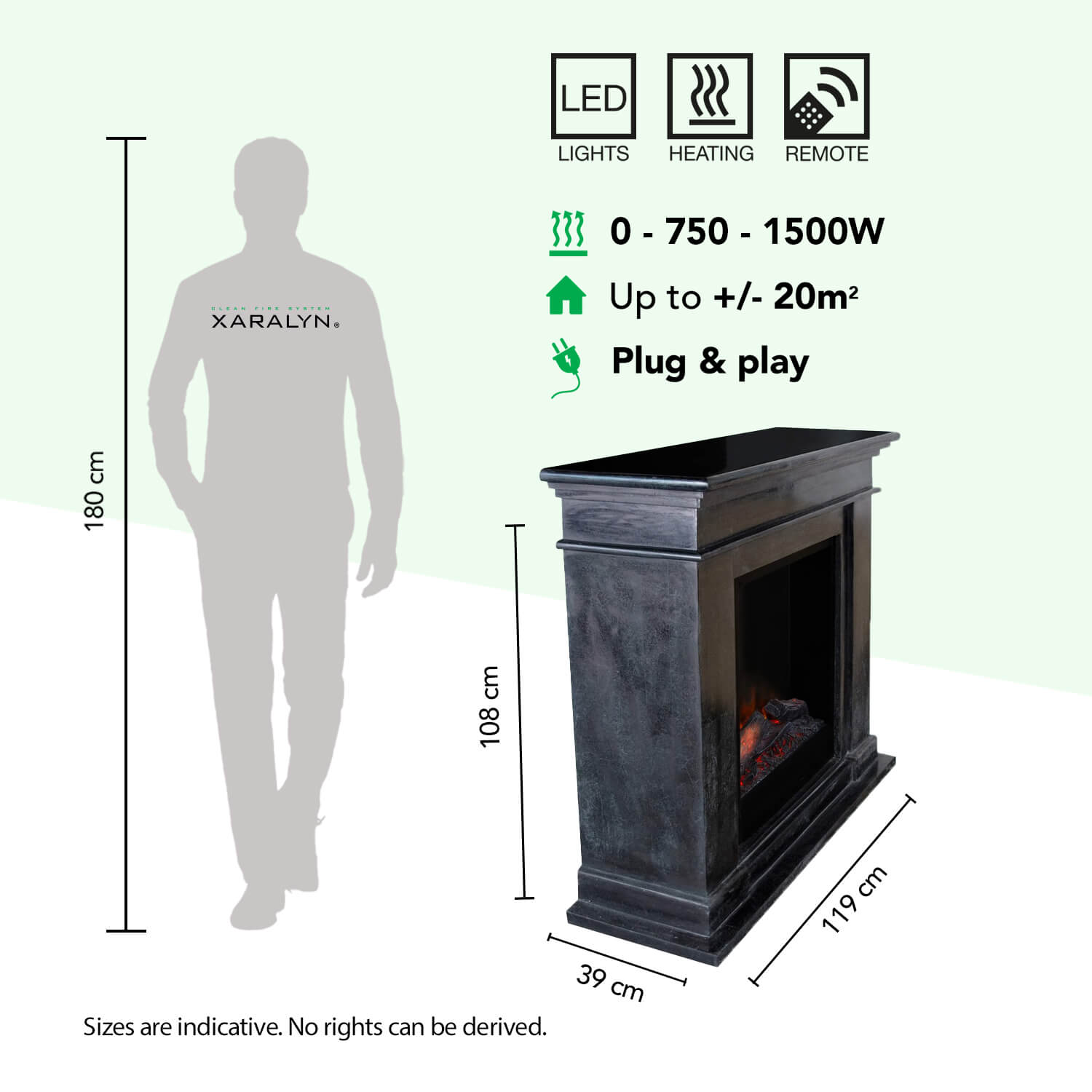 A fireplace with LED lights, heating, remote control, and dimensions.