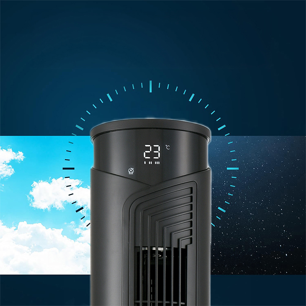 Czarny wentylator wieżowy pokazuje 23°C na tle nieba dnia i nocy.