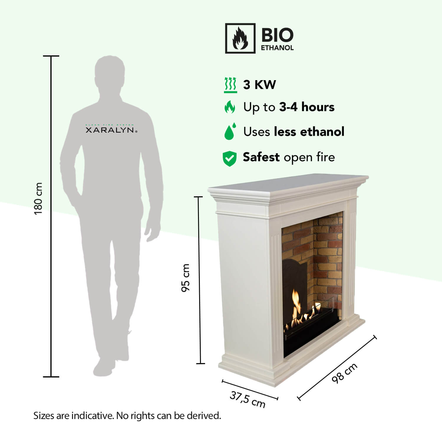 Een man (180 cm) naast een witte bio-ethanol haard (95 cm H x 98 cm B x 37,5 cm D).