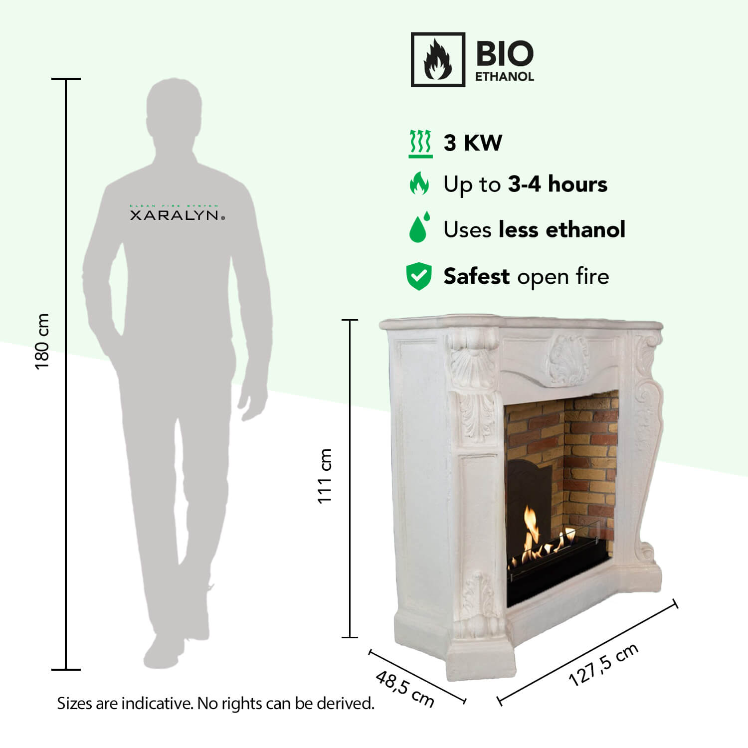 Een witte bio-ethanol haard met vlammen naast een silhouet van een man.