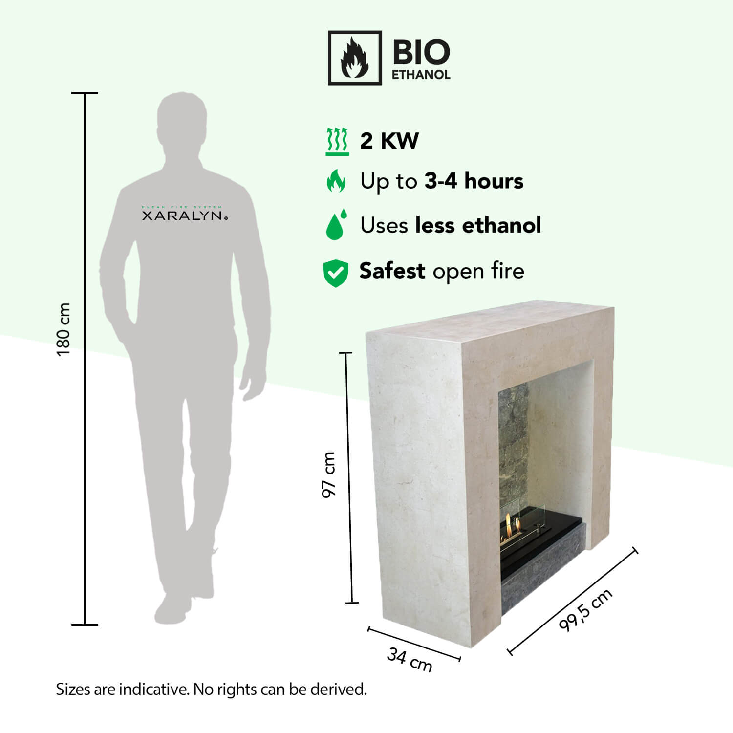 A 180 cm man next to a 97 cm tall fireplace. Dimensions are indicative.