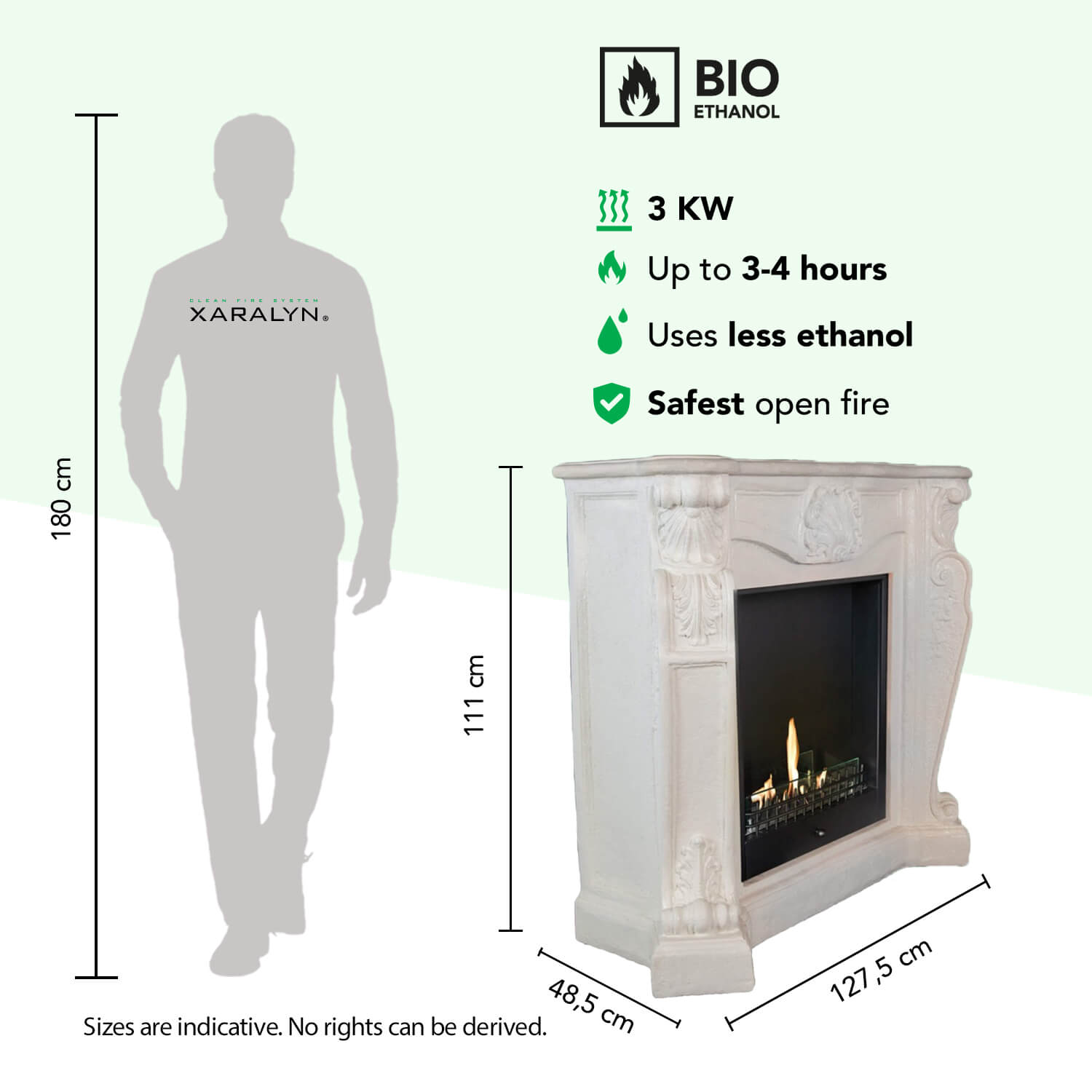Een man staat naast een witte bio-ethanol haard. Afmetingen worden getoond.