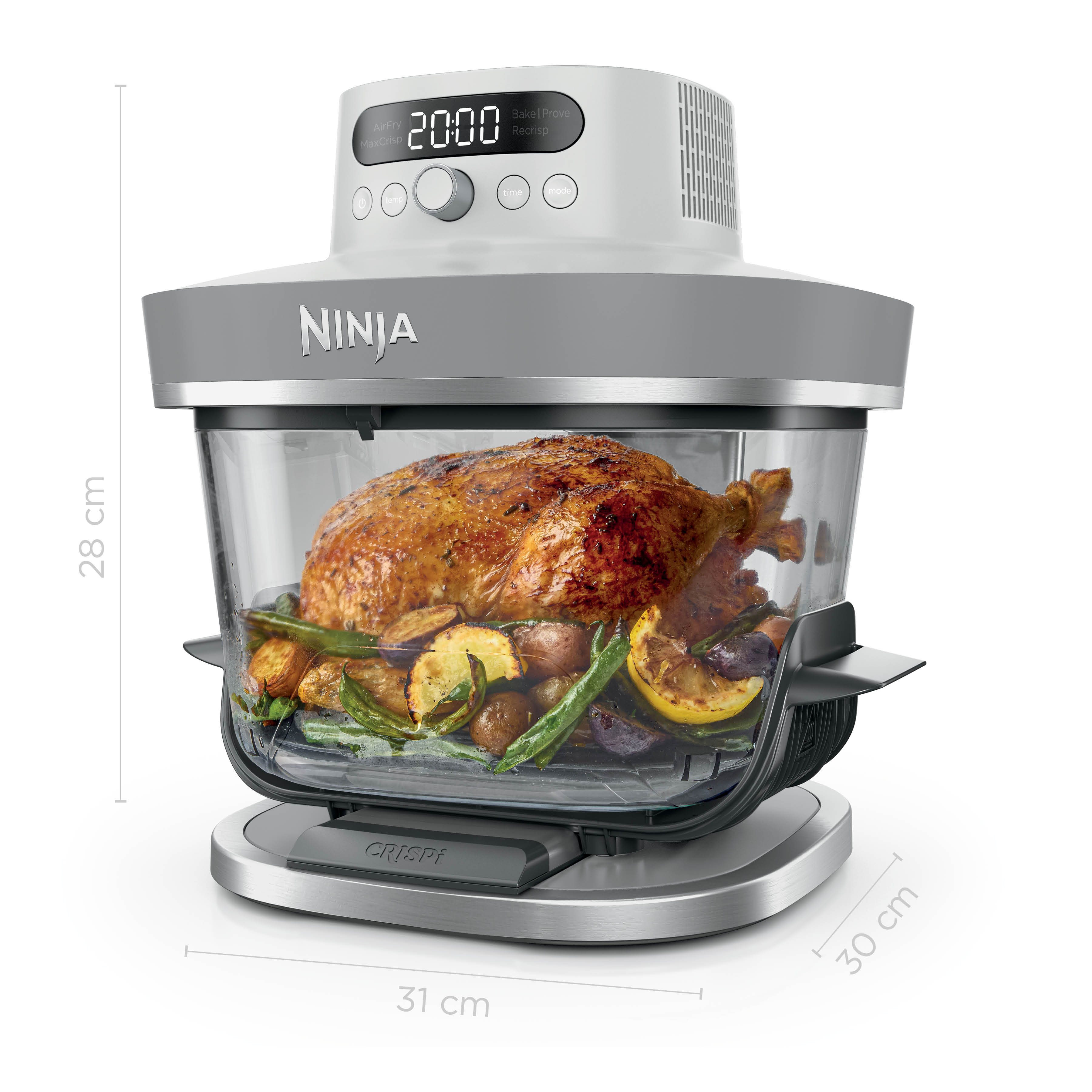 Ein gebratenes Hähnchen mit Gemüse in einem Ninja Air Fryer.