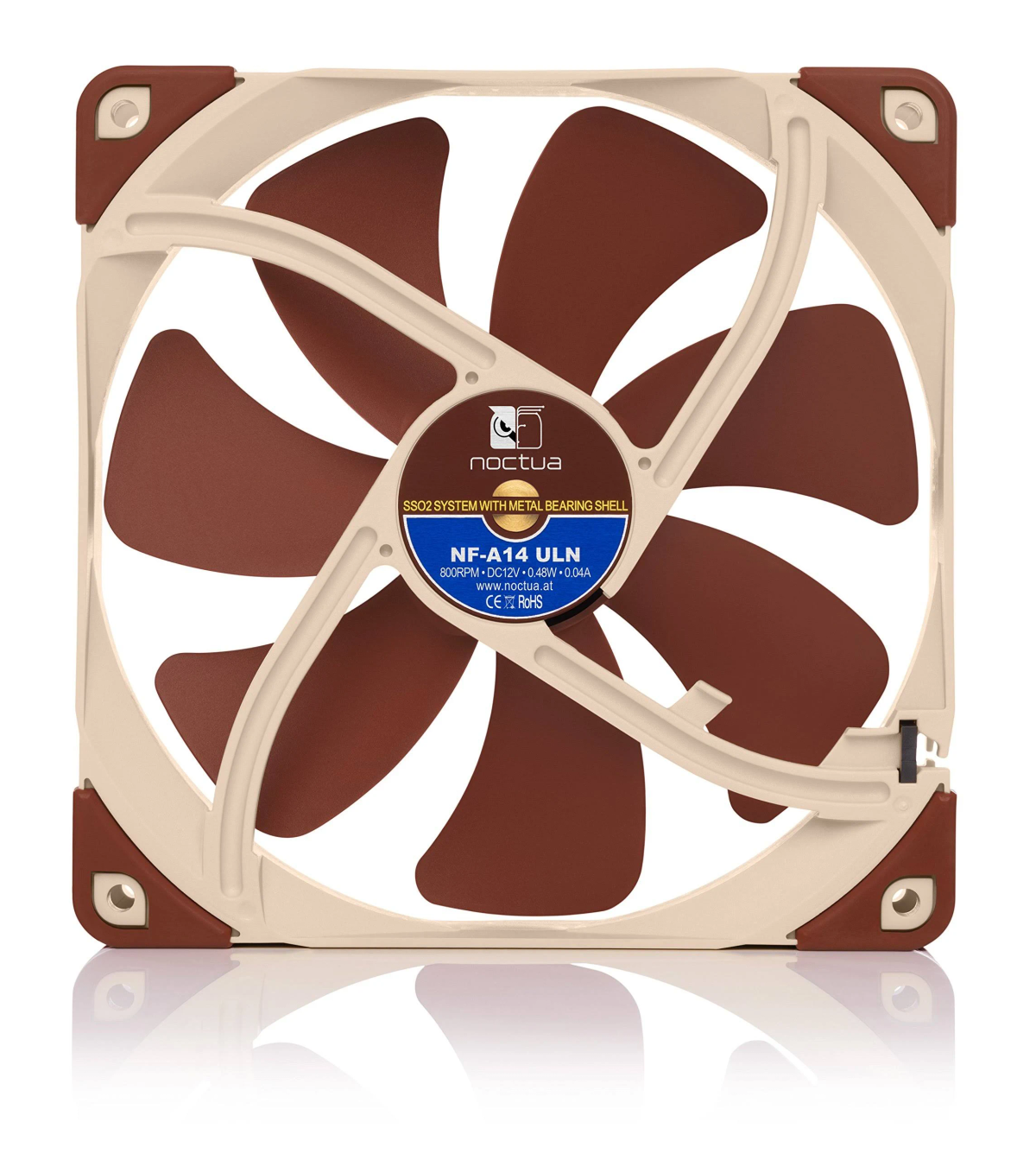 Wentylator Noctua NF-A14 ULN z brązowymi łopatkami i beżową ramką.