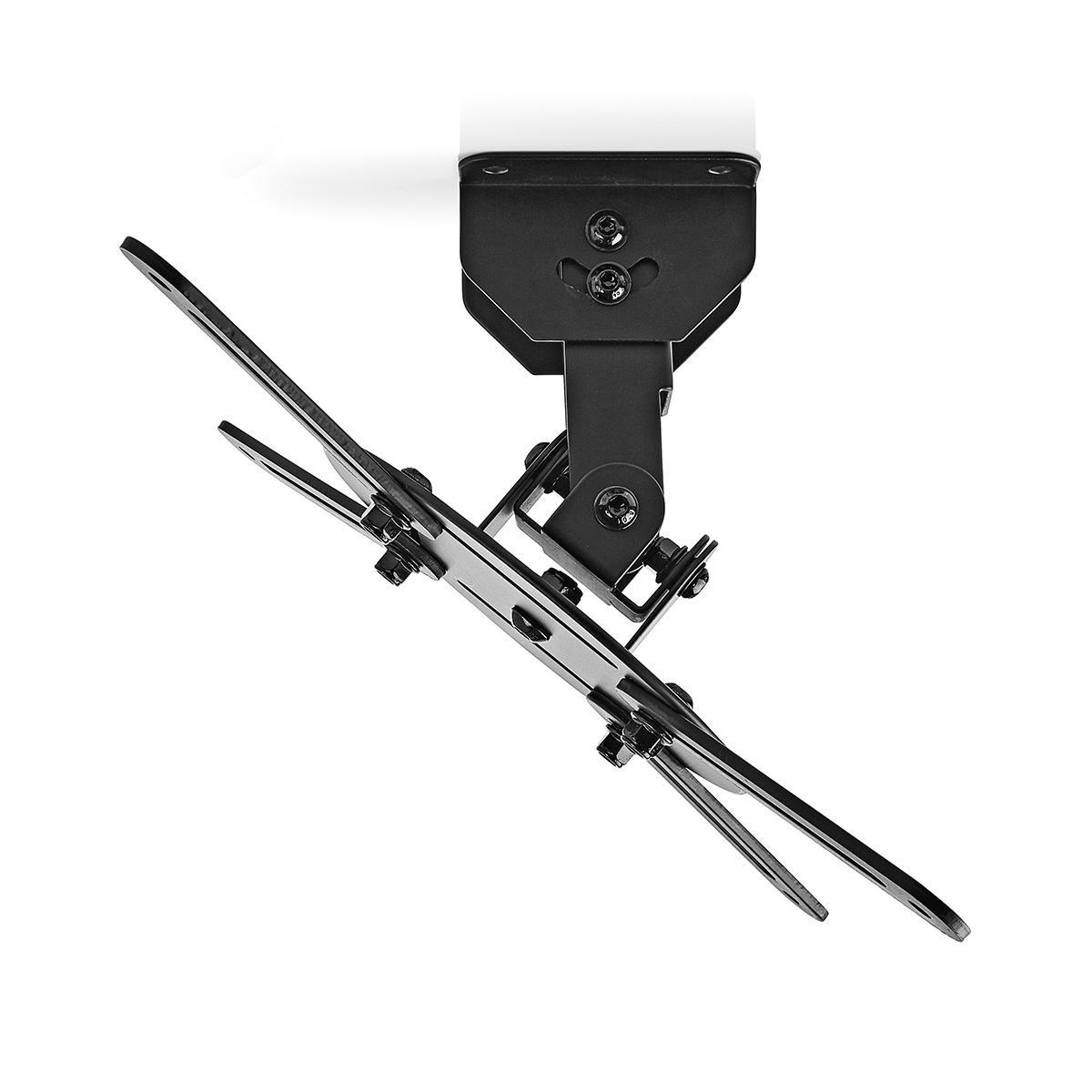 Black ceiling mount with adjustable arms for a screen, isolated on white.