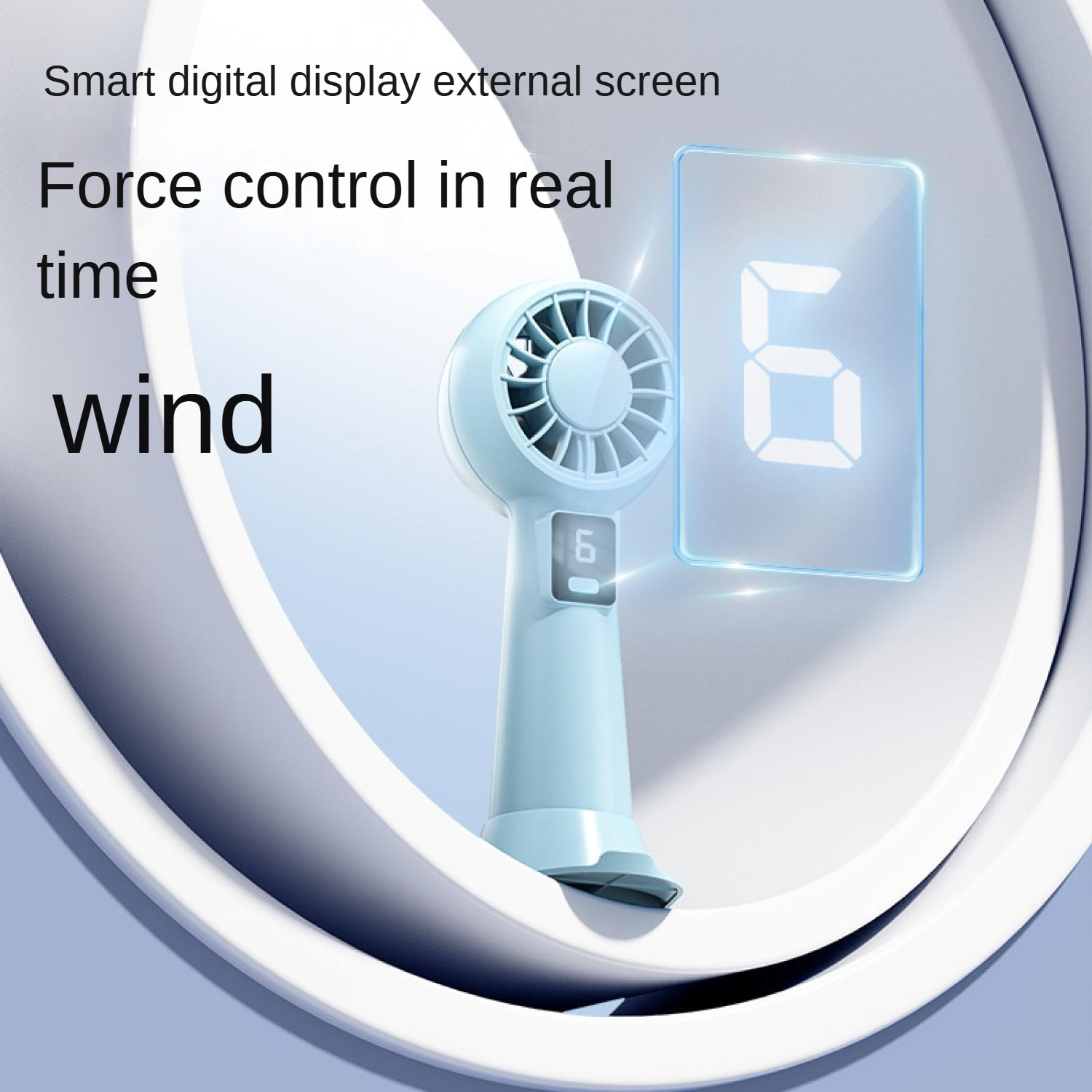 Ein hellblauer Ventilator mit digitaler Anzeige, die eine 6 zeigt.