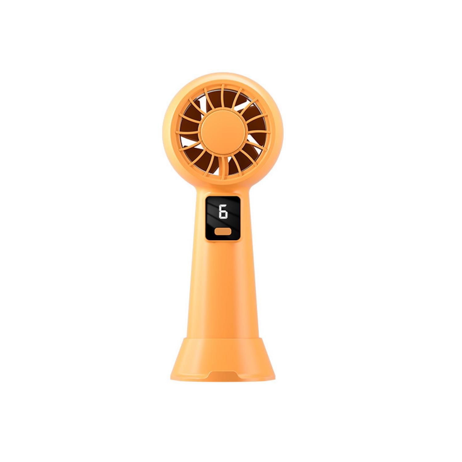 Ein orangefarbener Handventilator mit digitaler Anzeige, die die Zahl 6 zeigt.
