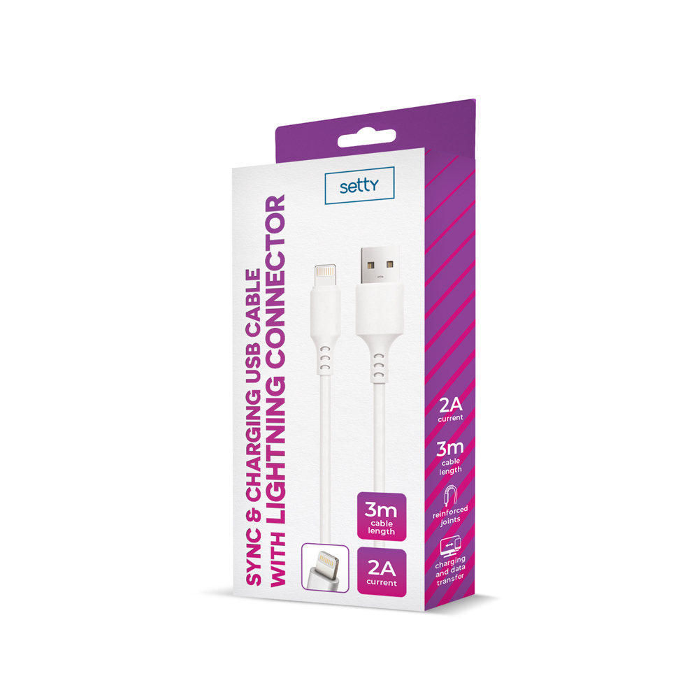 Confezione bianca cavo USB e Lightning Setty, con dettagli del prodotto.