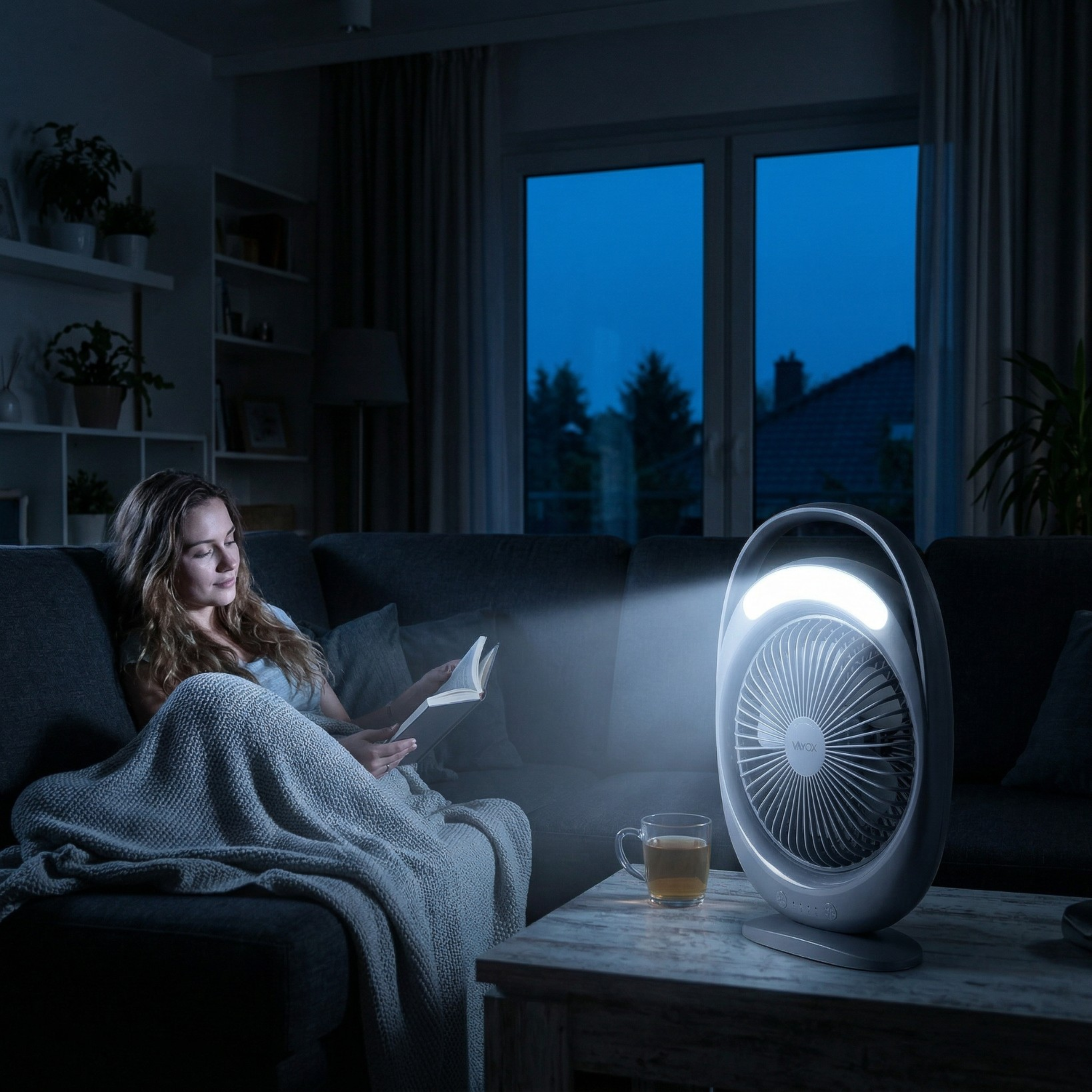 Frau liest Buch auf Sofa, Ventilator mit Licht und Tasse Tee auf Tisch.