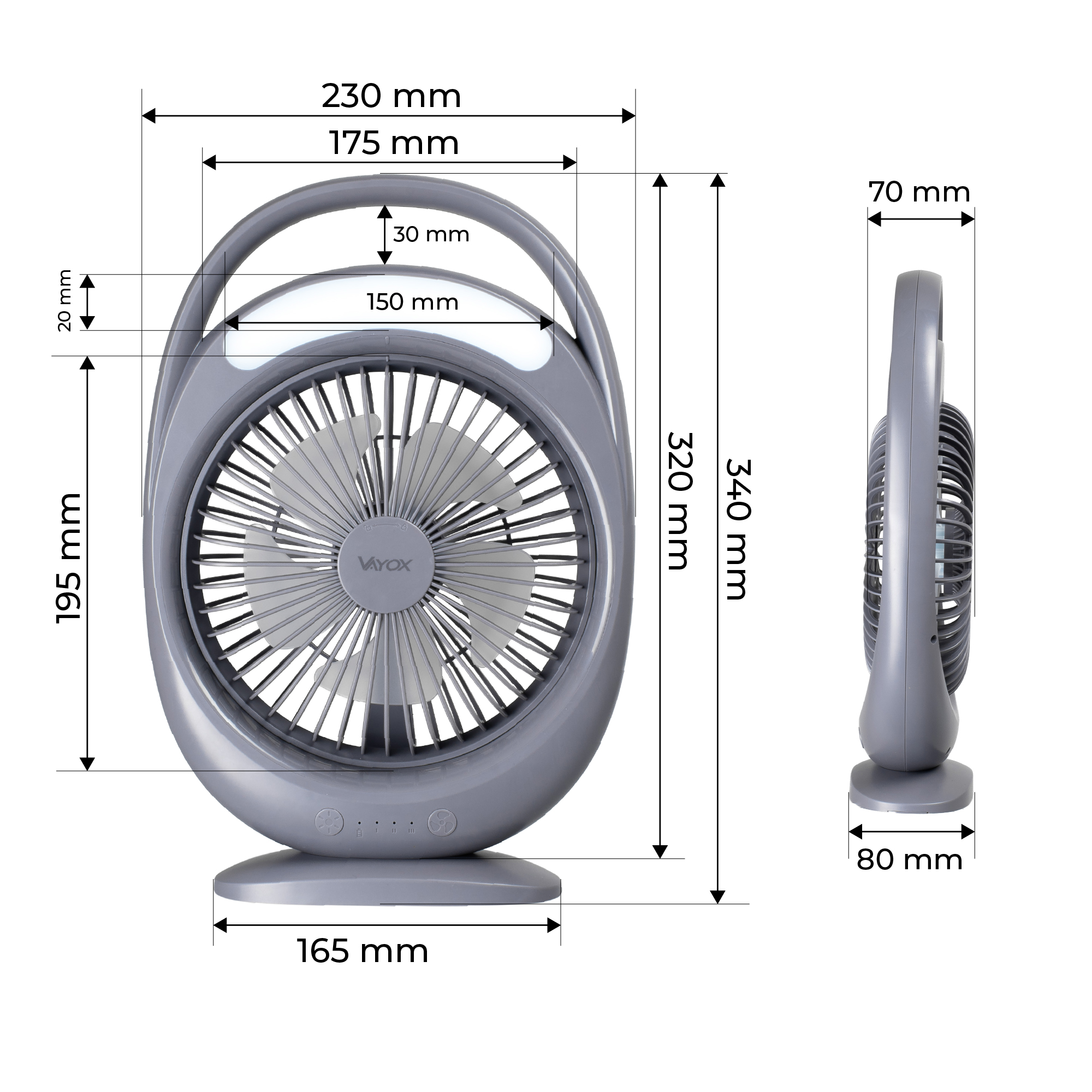 Grauer Ventilator mit Maßangaben. Breite 230 mm, Höhe 340 mm.