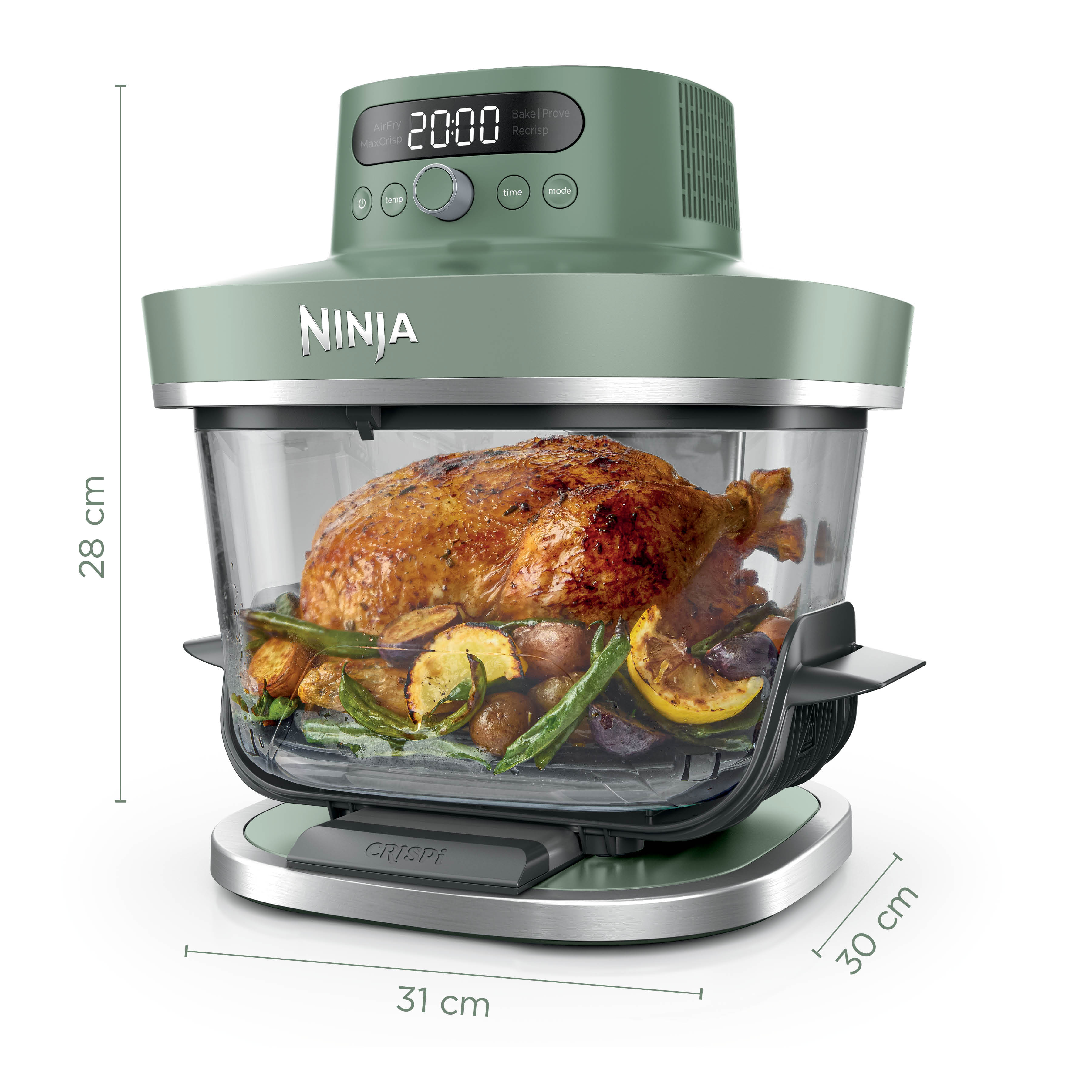 Grüner Ninja Heißluftfritteusen-Ofen mit gebratenem Huhn und Gemüse.