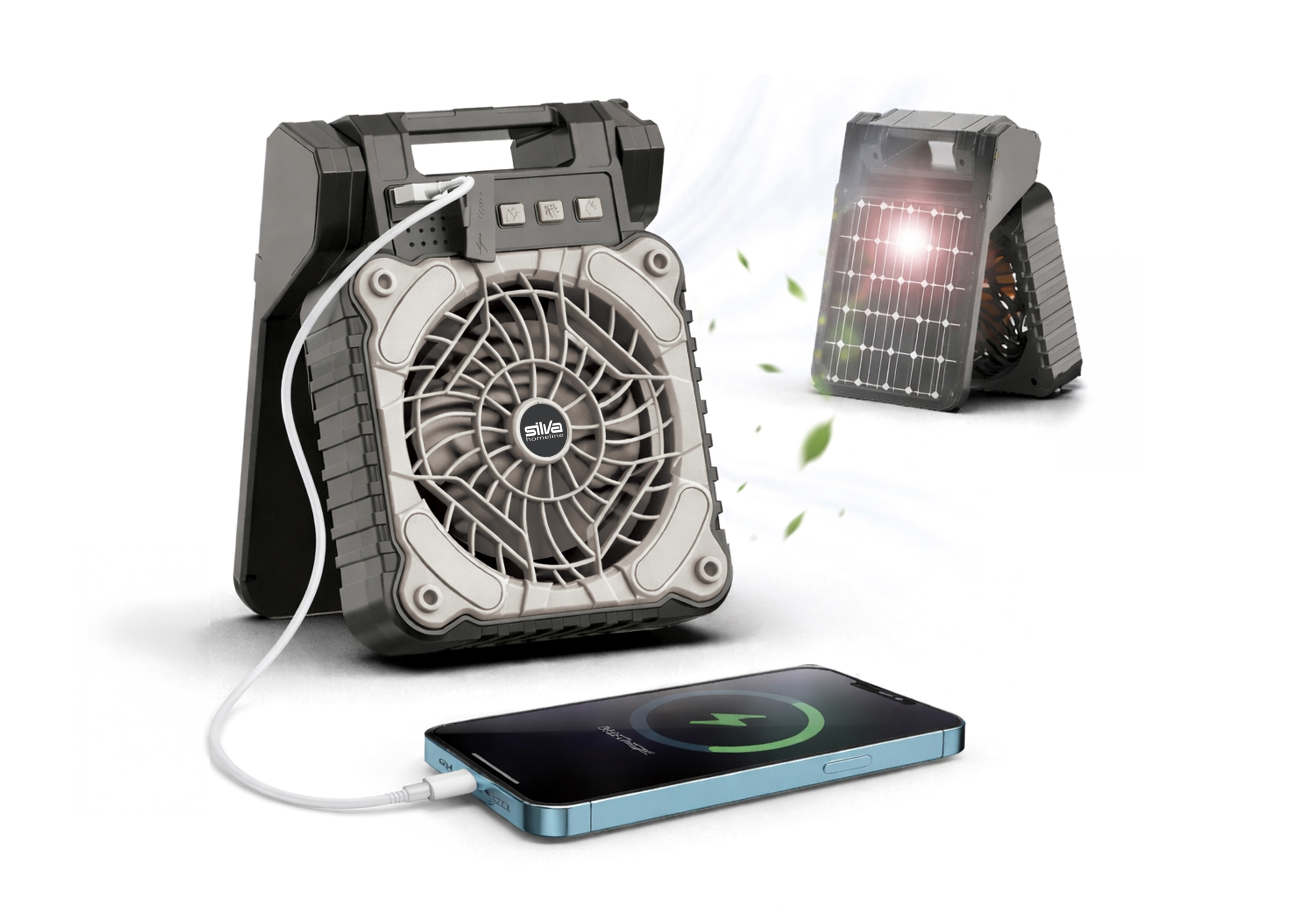 Ein Solarventilator lädt ein blaues Smartphone über ein weißes Kabel auf.