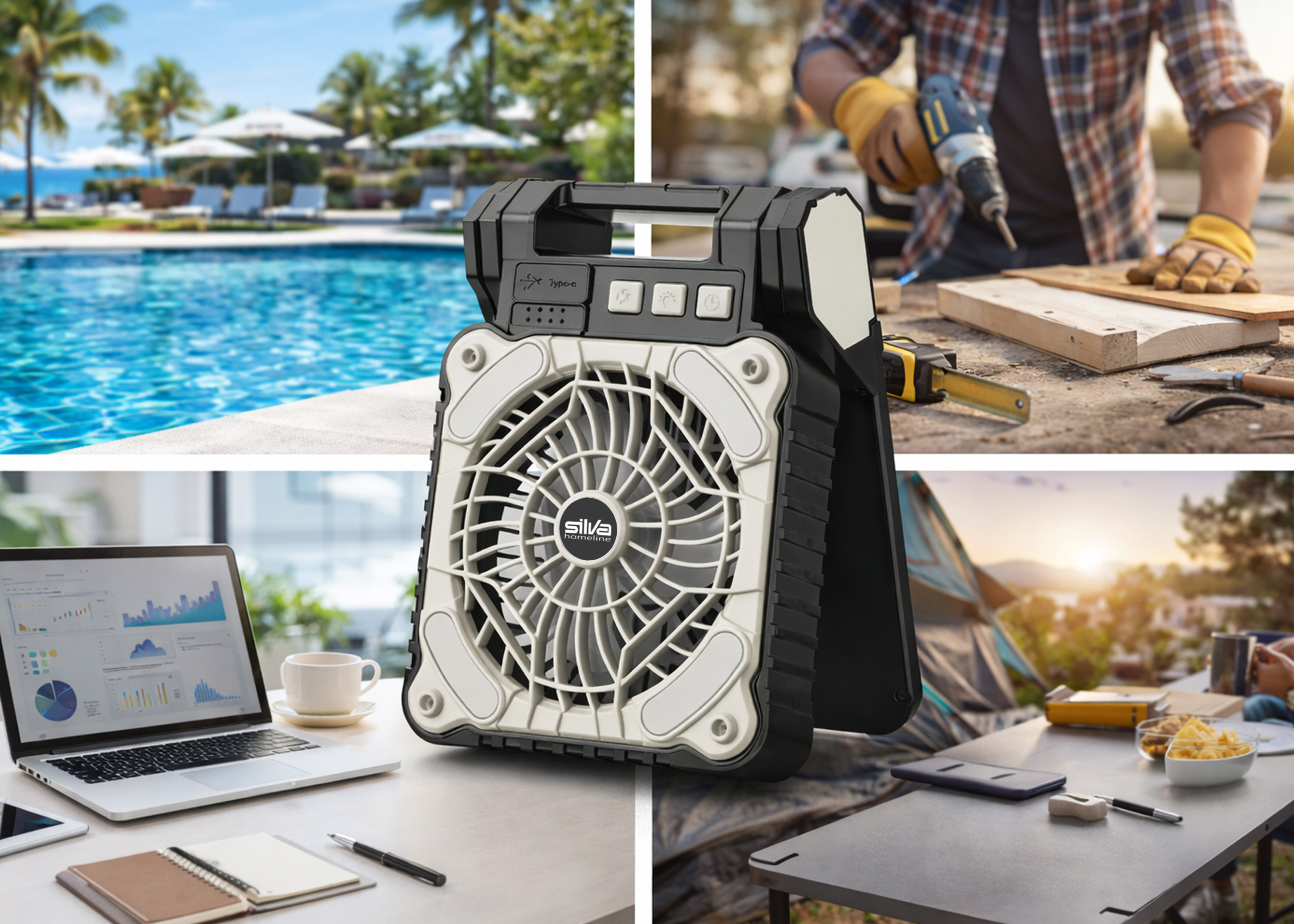 Vier Szenen: Pool, Handwerker, Laptop, Camping. Ein Lautsprecher ist im Fokus.