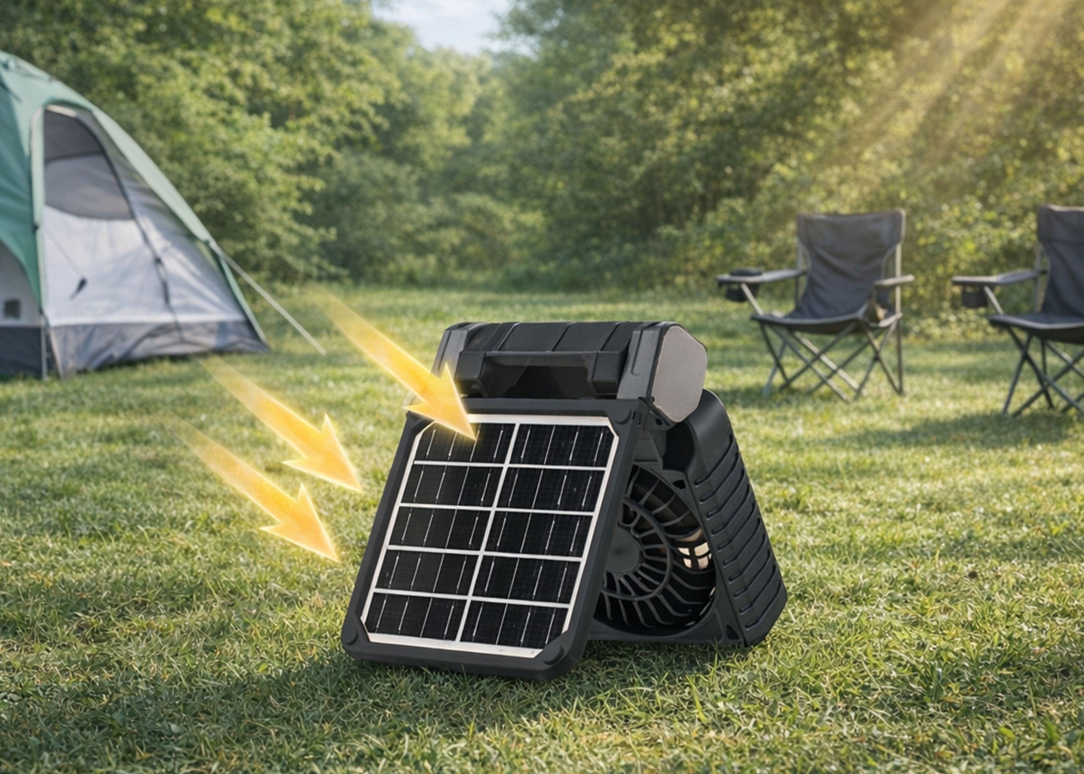 Ein tragbarer Solarventilator steht auf Gras neben einem Zelt. Gelbe Pfeile deuten auf die Sonne.