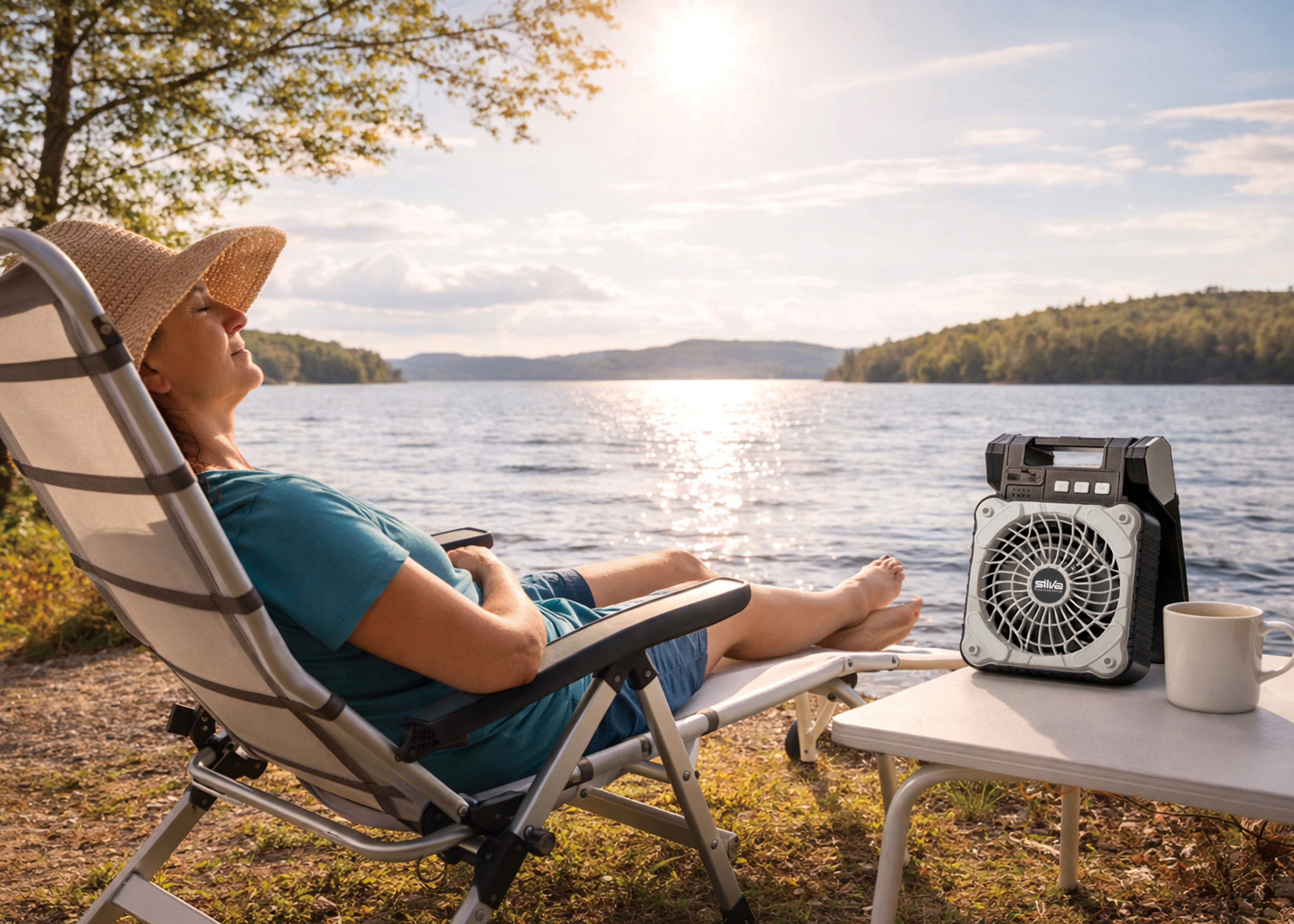 Frau im Liegestuhl am See mit tragbarem Lautsprecher und Tasse auf einem Tisch.